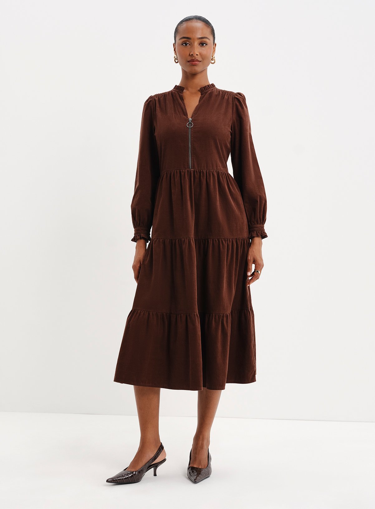 FINERY Antonia Corduroy Tiered Midi Dress Petite 