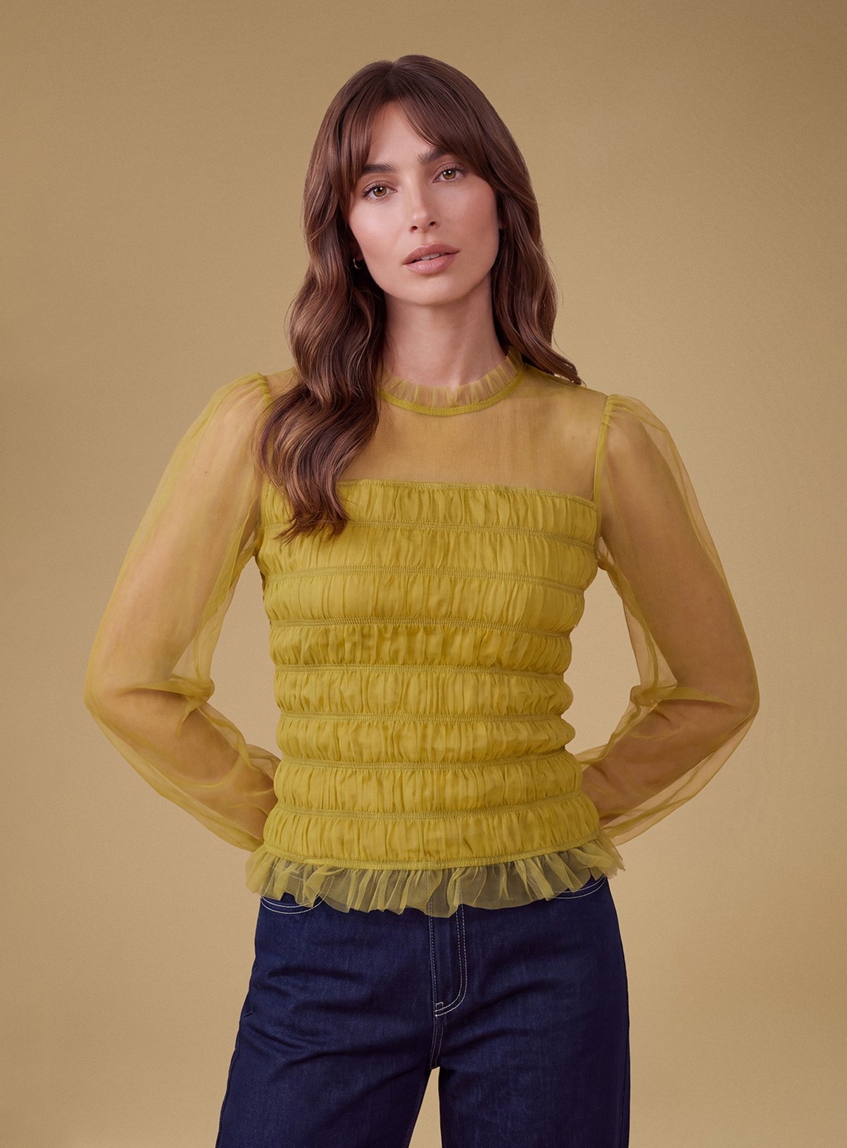 OASIS Shirred Bodice Long Sleeve Blouse 