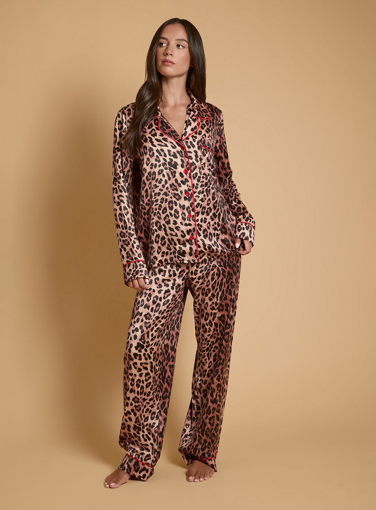 OASIS Leopard Long Sleeve Satin Printed Nightwear Set 