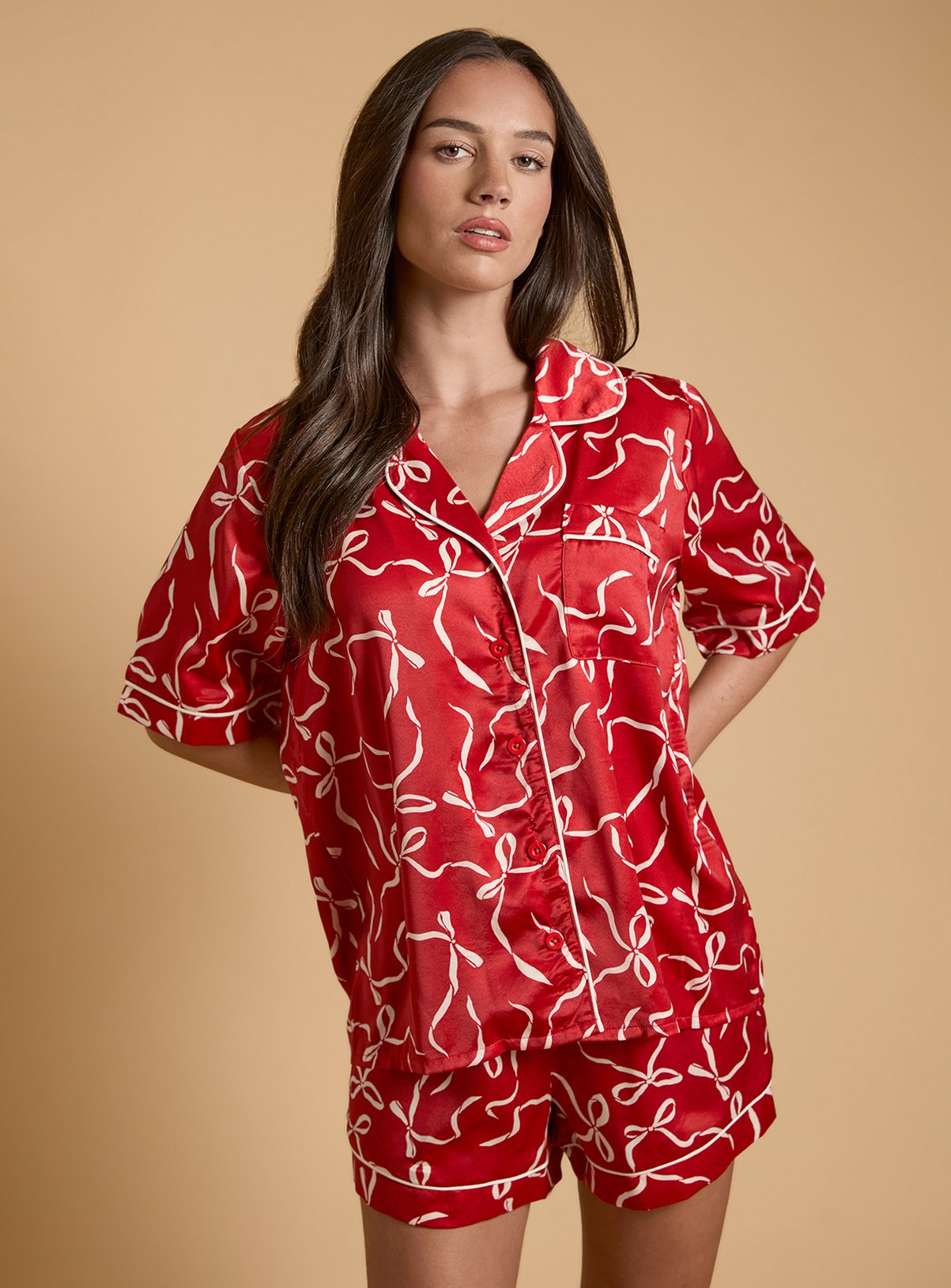 OASIS Red Bows Satin Printed Short Nightwear Set 