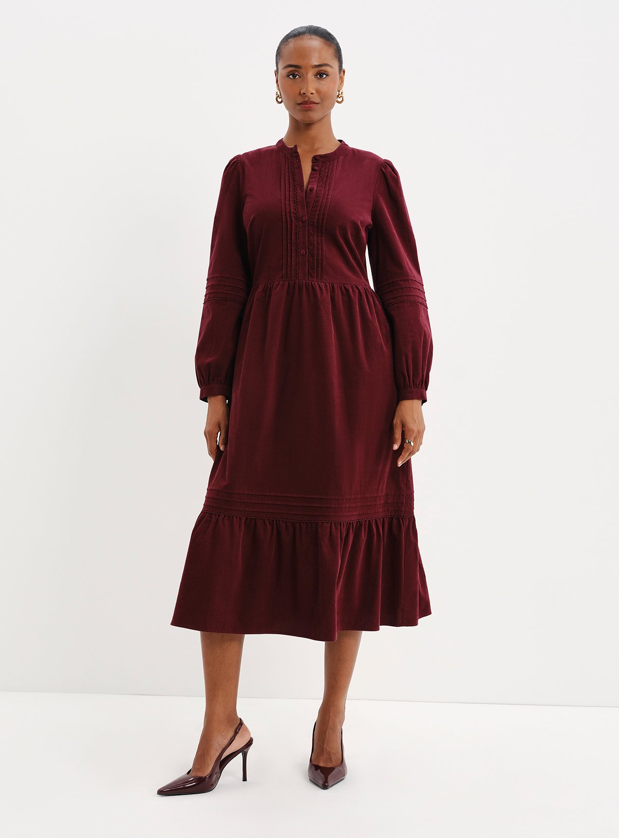 FINERY Christina Corduroy Tiered Midi Dress 