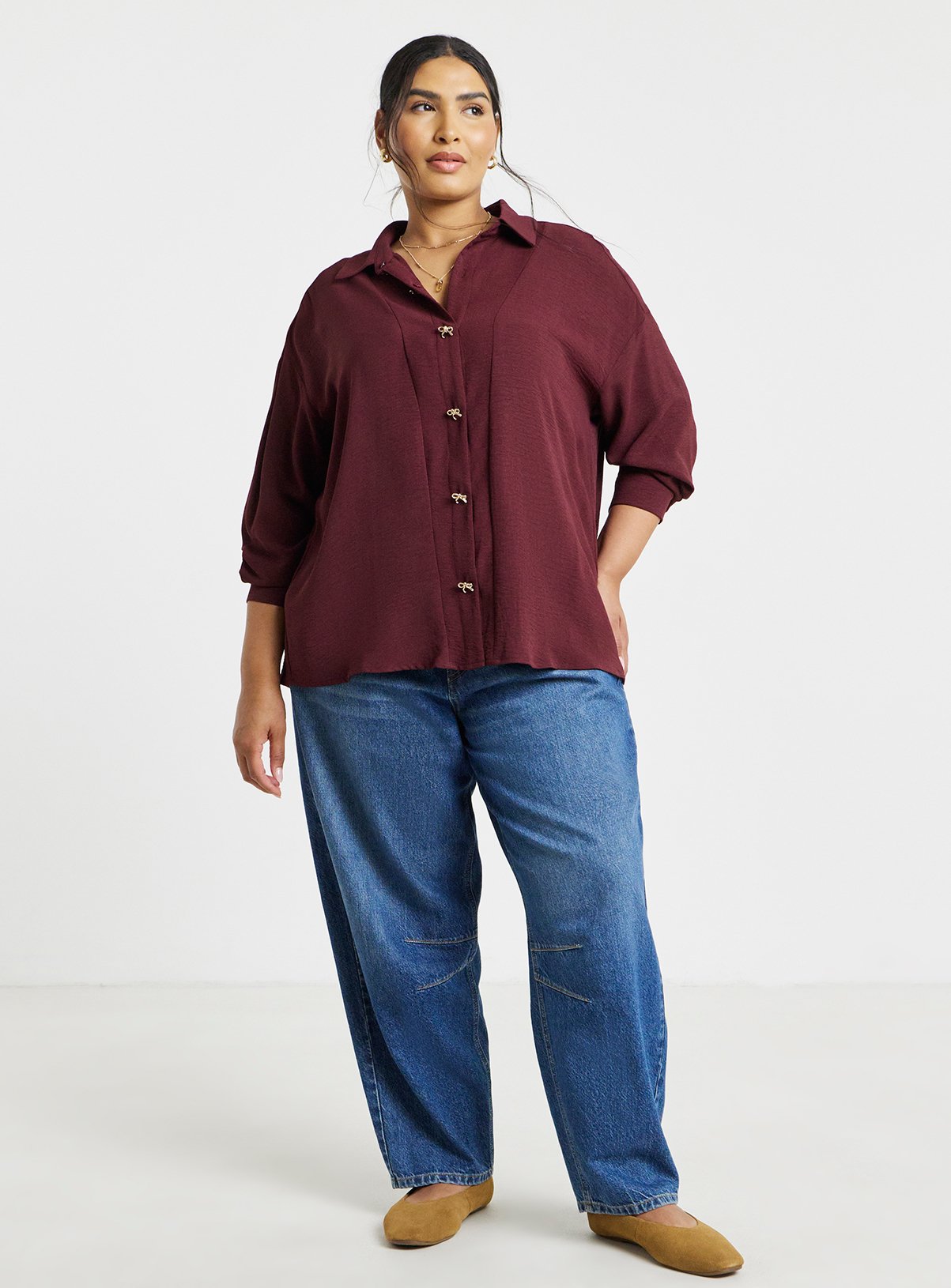 SIMPLY BE Burgundy Bow Button Shirt 