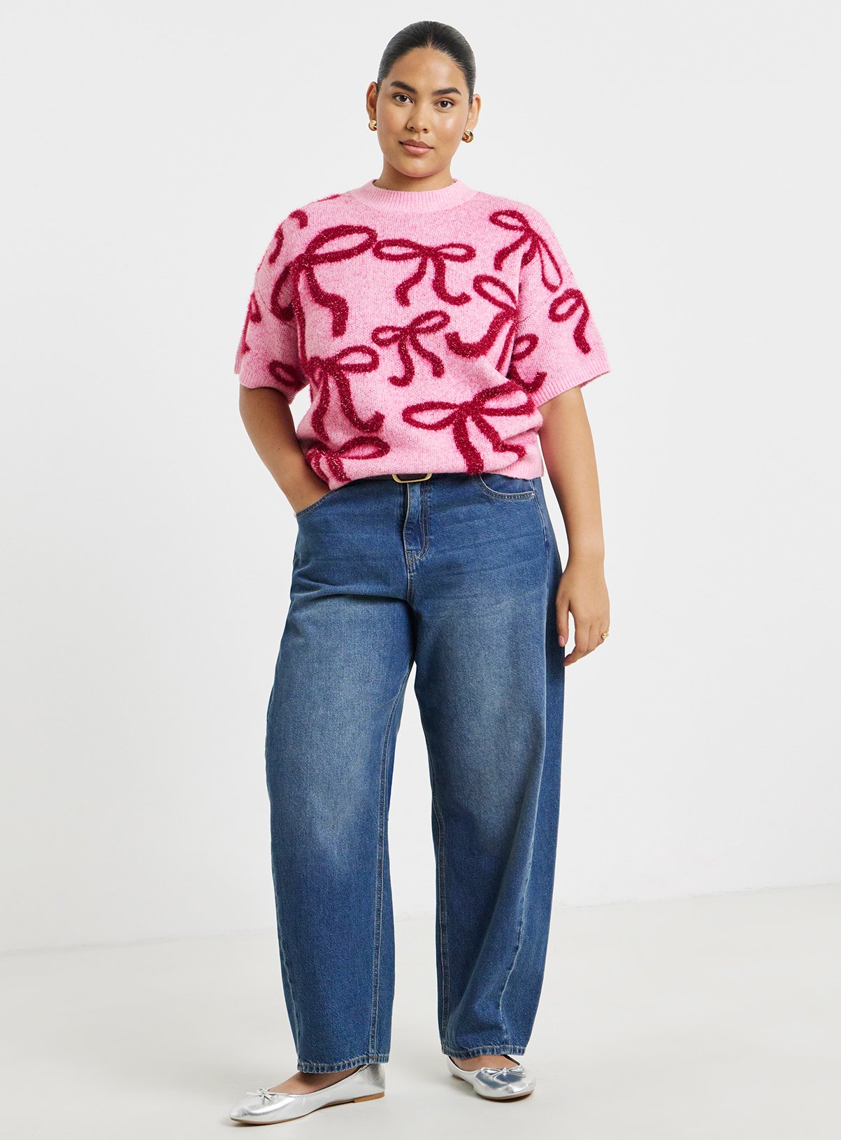 SIMPLY BE Tinsel Bow Short Sleeve Jumper 