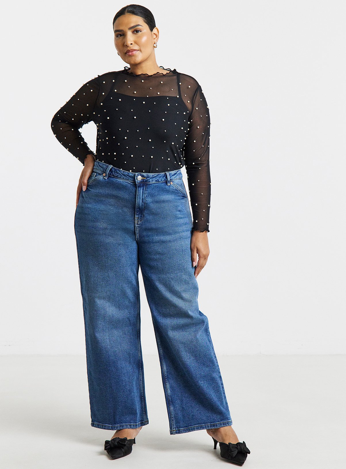SIMPLY BE Long Sleeve Mesh Pearl Top 