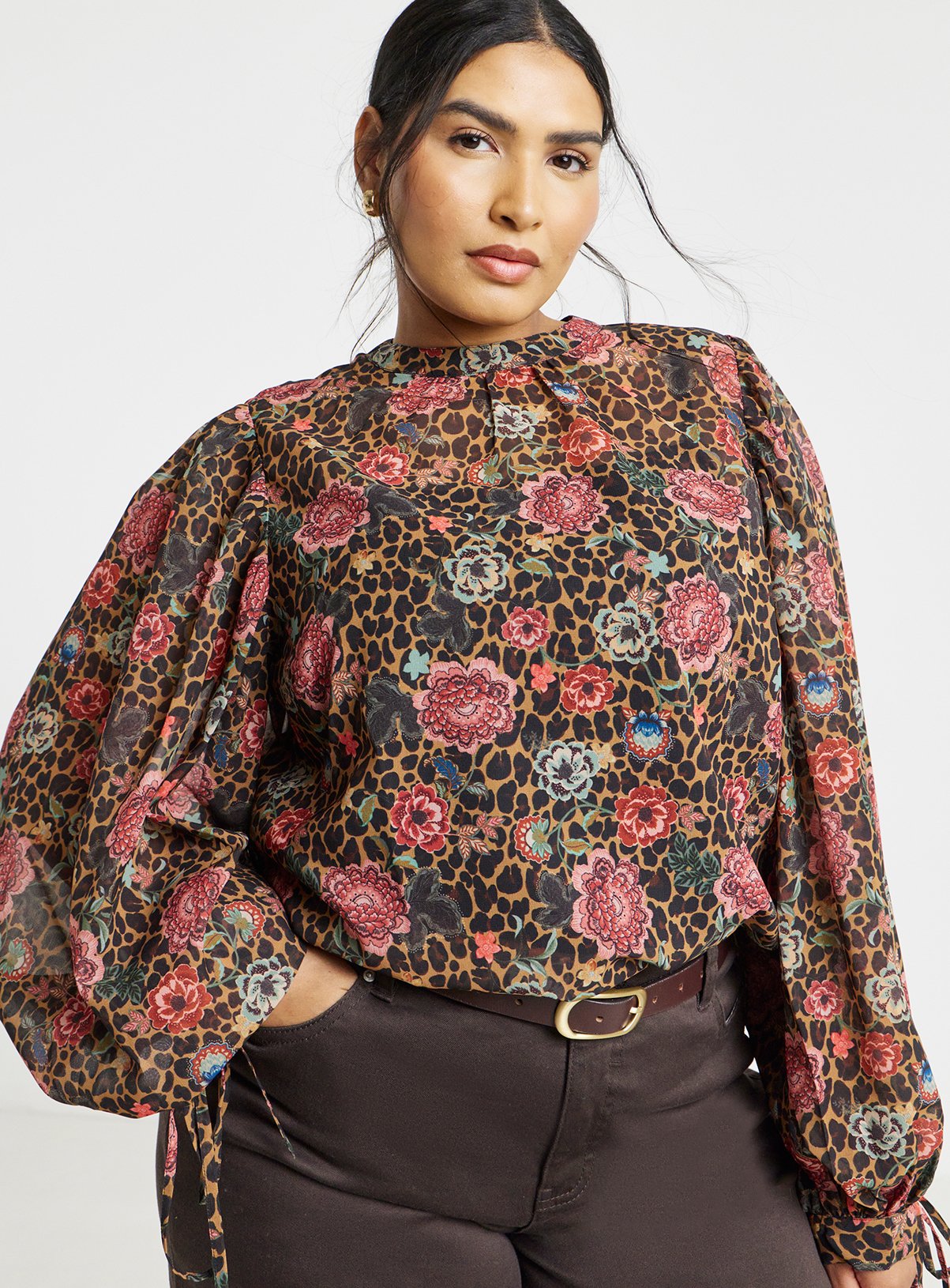 SIMPLY BE Leopard & Floral High Neck Blouse 