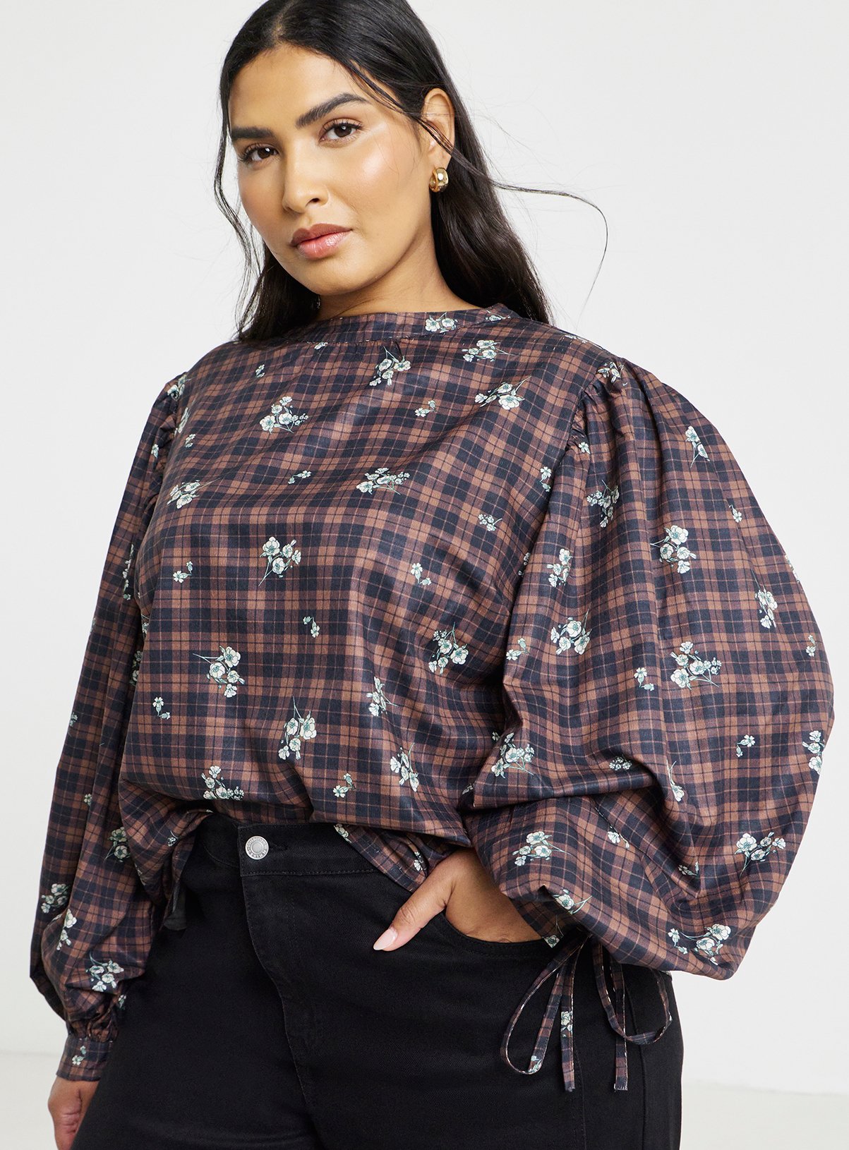 SIMPLY BE Floral Check High Neck Blouse 