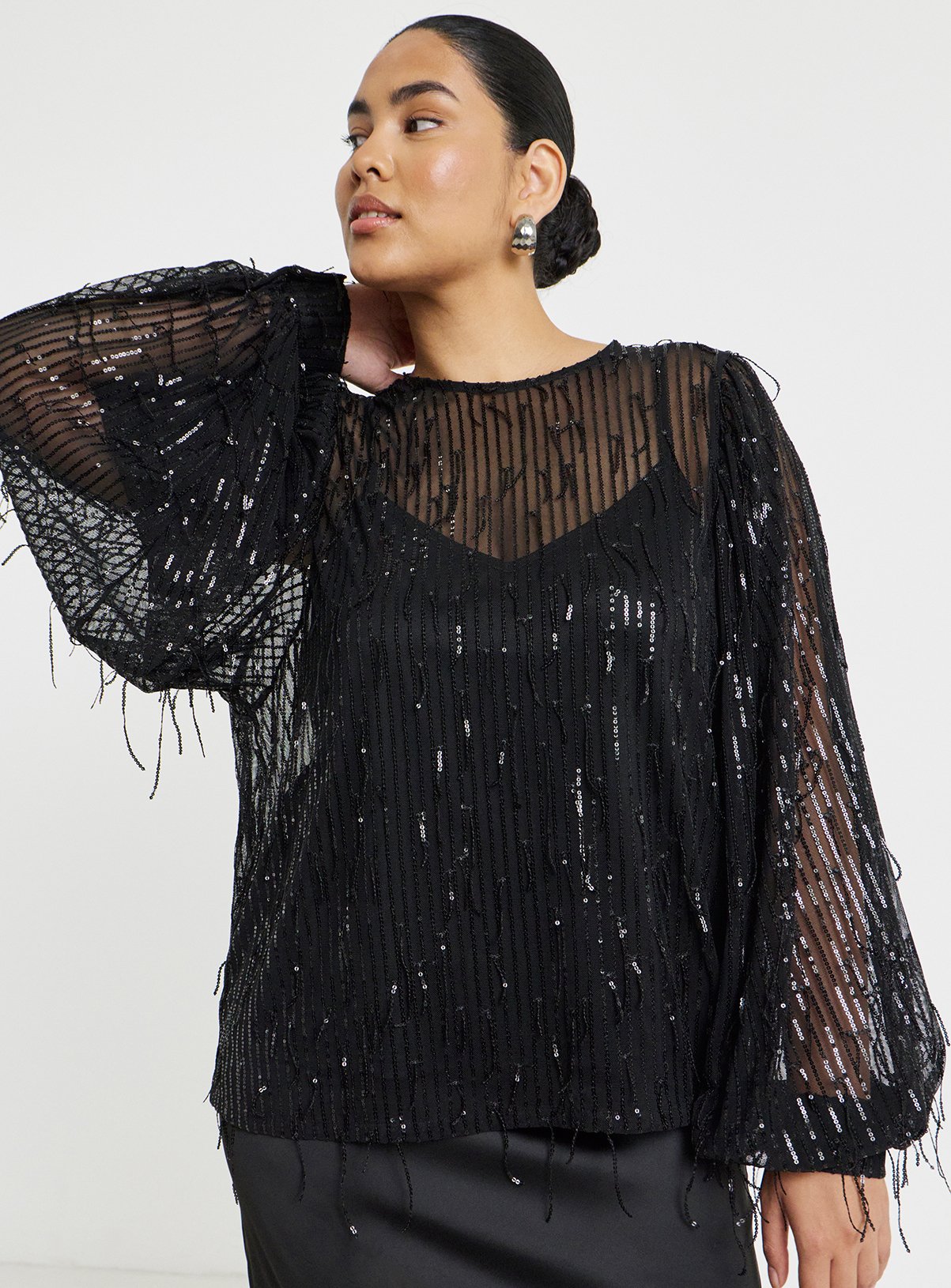 SIMPLY BE Black Fringe Sequin Blouse 