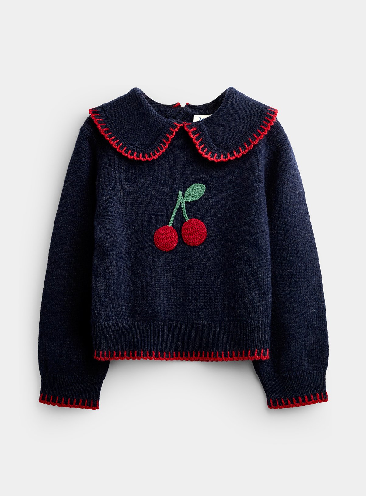 JOJO MAMAN BÉBÉ Cherry Applique Frill Collar Jumper Navy Blue With Wool 