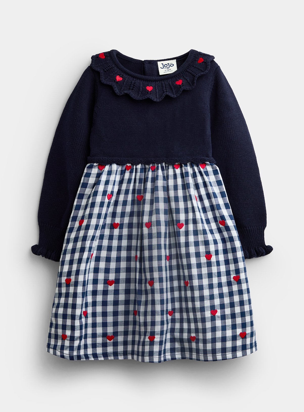 JOJO MAMAN BÉBÉ Gingham Hearts Knitted Combo Dress Navy Blue 12-18 months