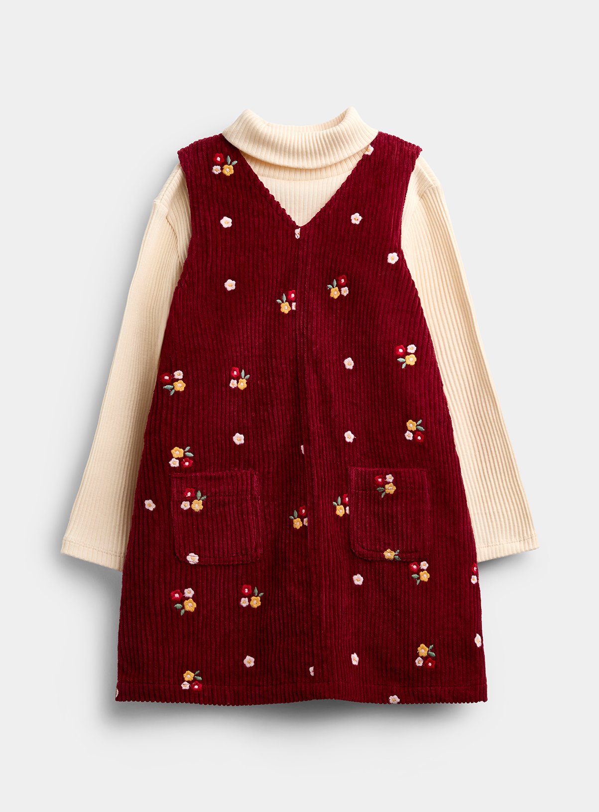 JOJO MAMAN BÉBÉ Chunky Cord Embroidered Pinny and Turtle Neck Top Dark Red 