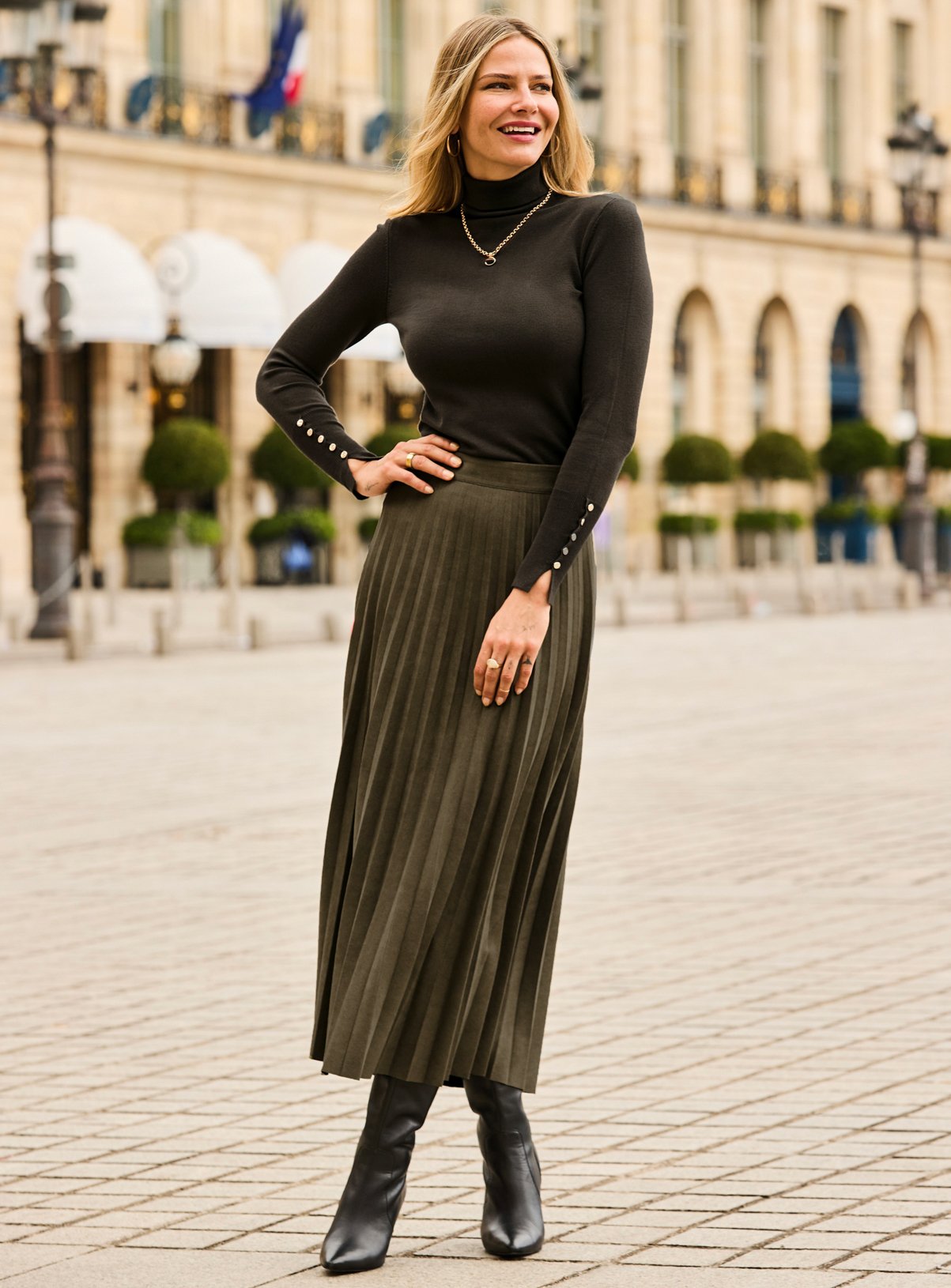 SOSANDAR Olive Faux Suede Pleated Midi Skirt 