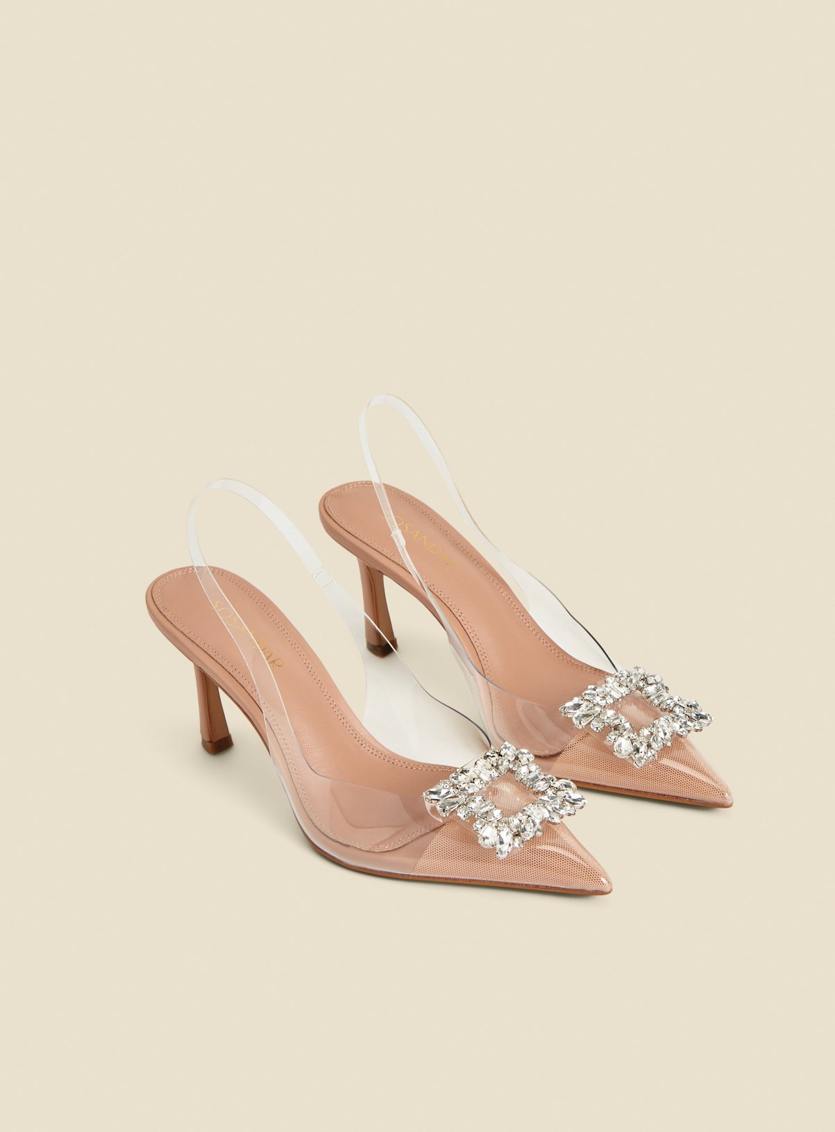 SOSANDAR Nude Rhinestone Detail Vinyl Slingback Court Shoes 