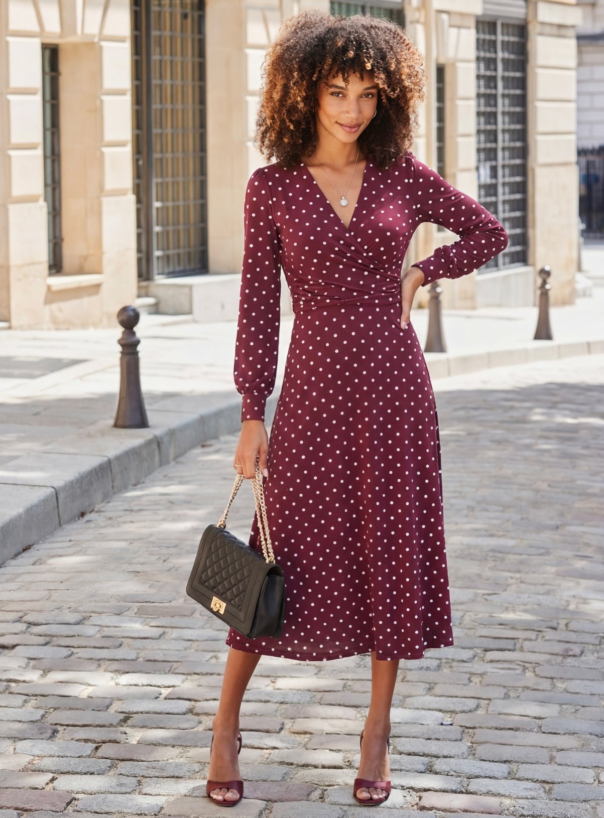 SOSANDAR Burgundy Polka Dot Print Twist Front Dress 