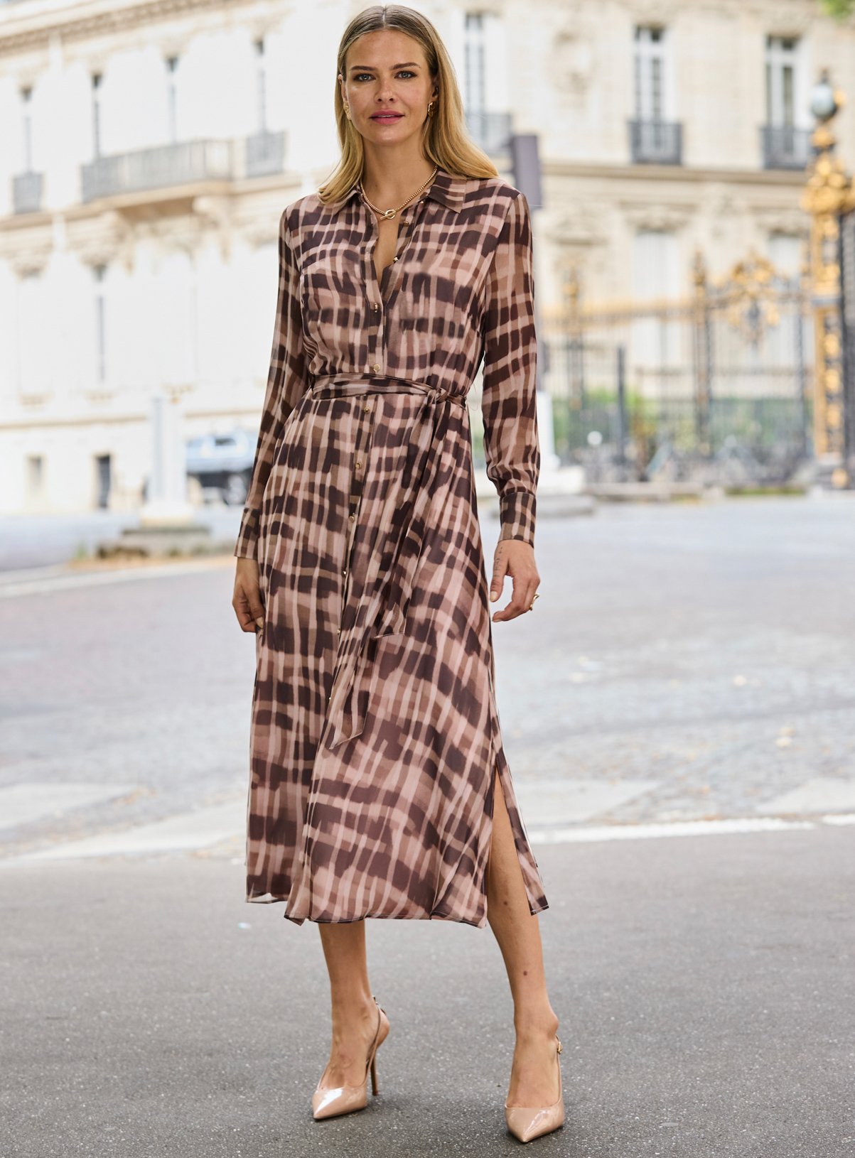 SOSANDAR Brown Abstract Check Print Shirt Dress 