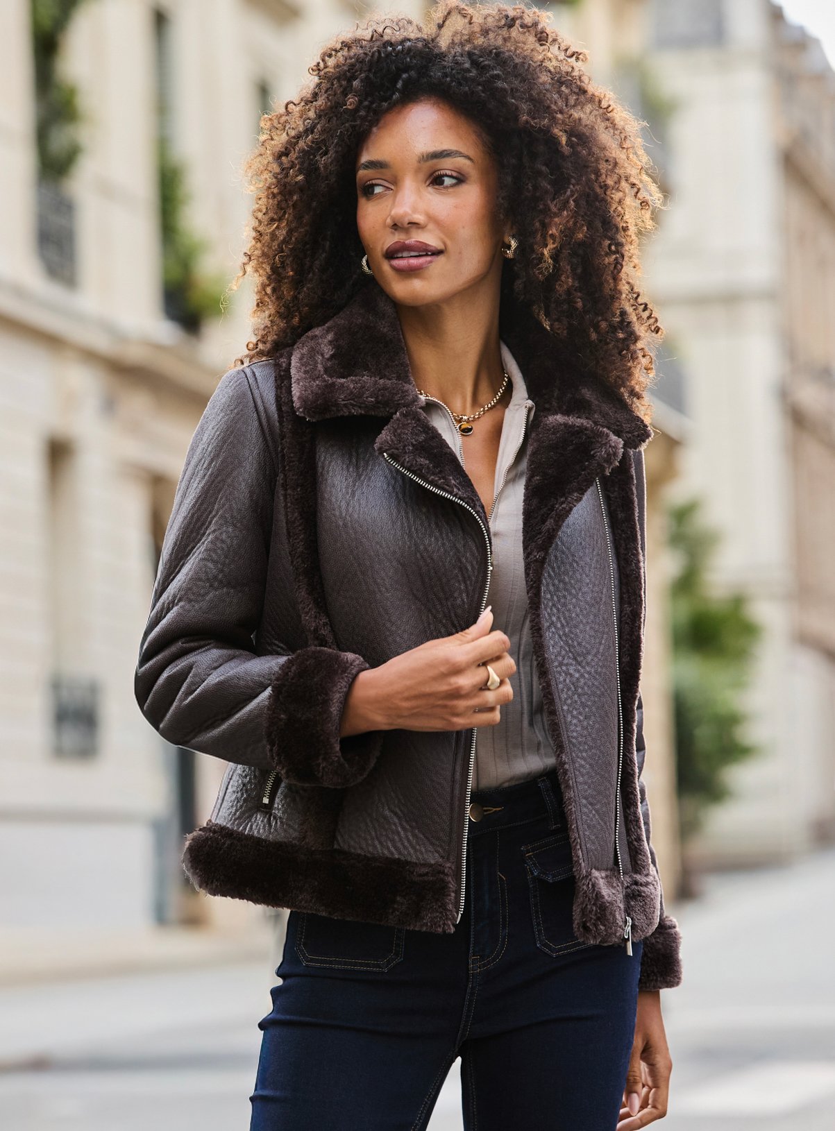 SOSANDAR Chocolate Brown Faux Shearling Aviator Jacket 