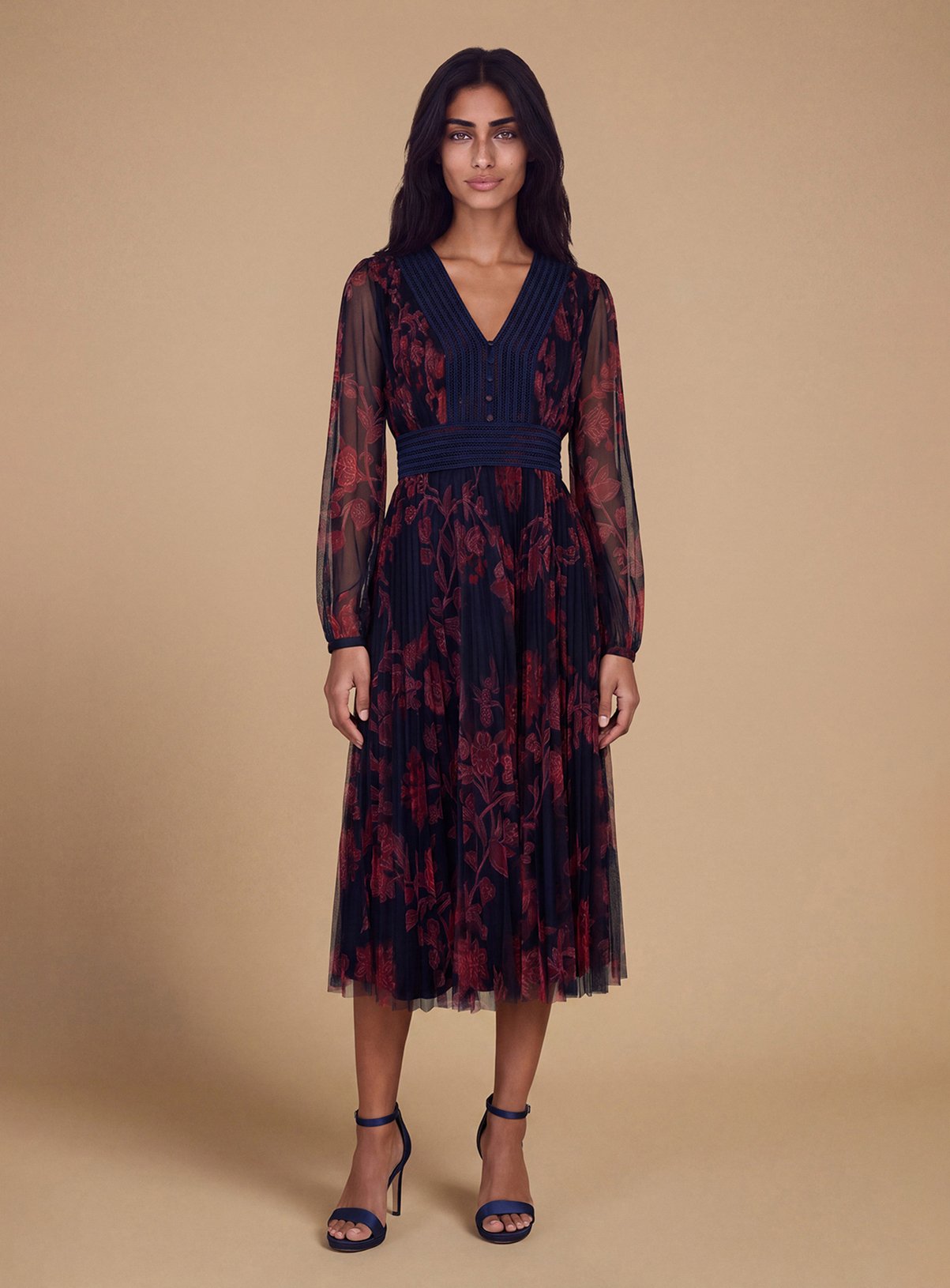 OASIS Petite V Neck Button Detail Printed Mesh Midi Dress 