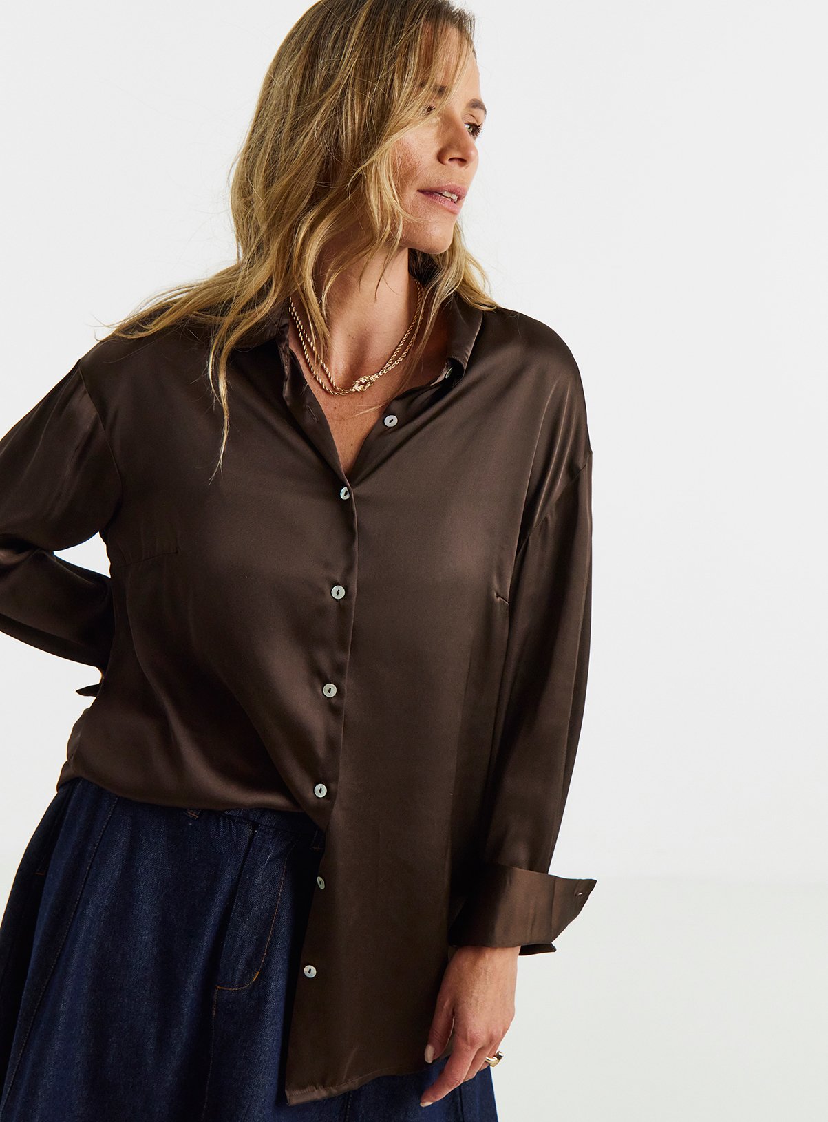 JD WILLIAMS Satin Long Sleeve Shirt Chocolate 
