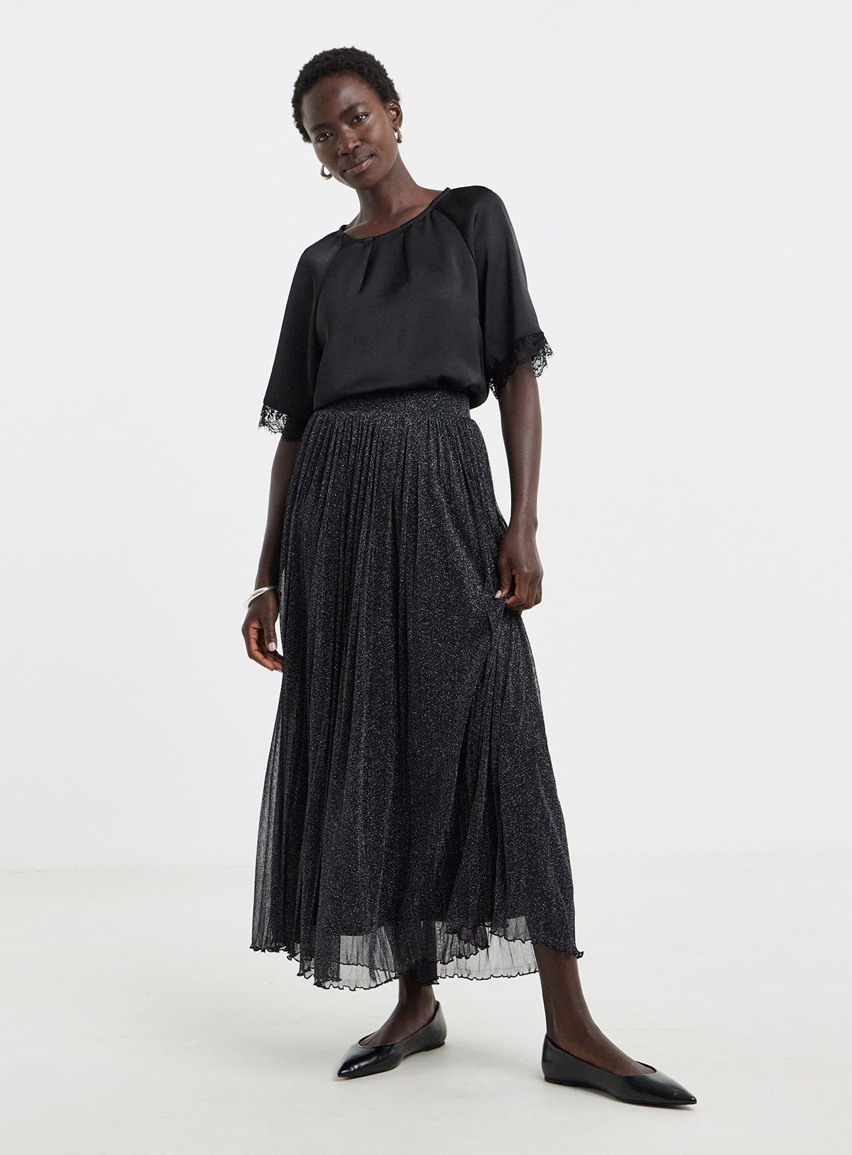 JD WILLIAMS Black Glitter Pleated Midaxi Skirt 