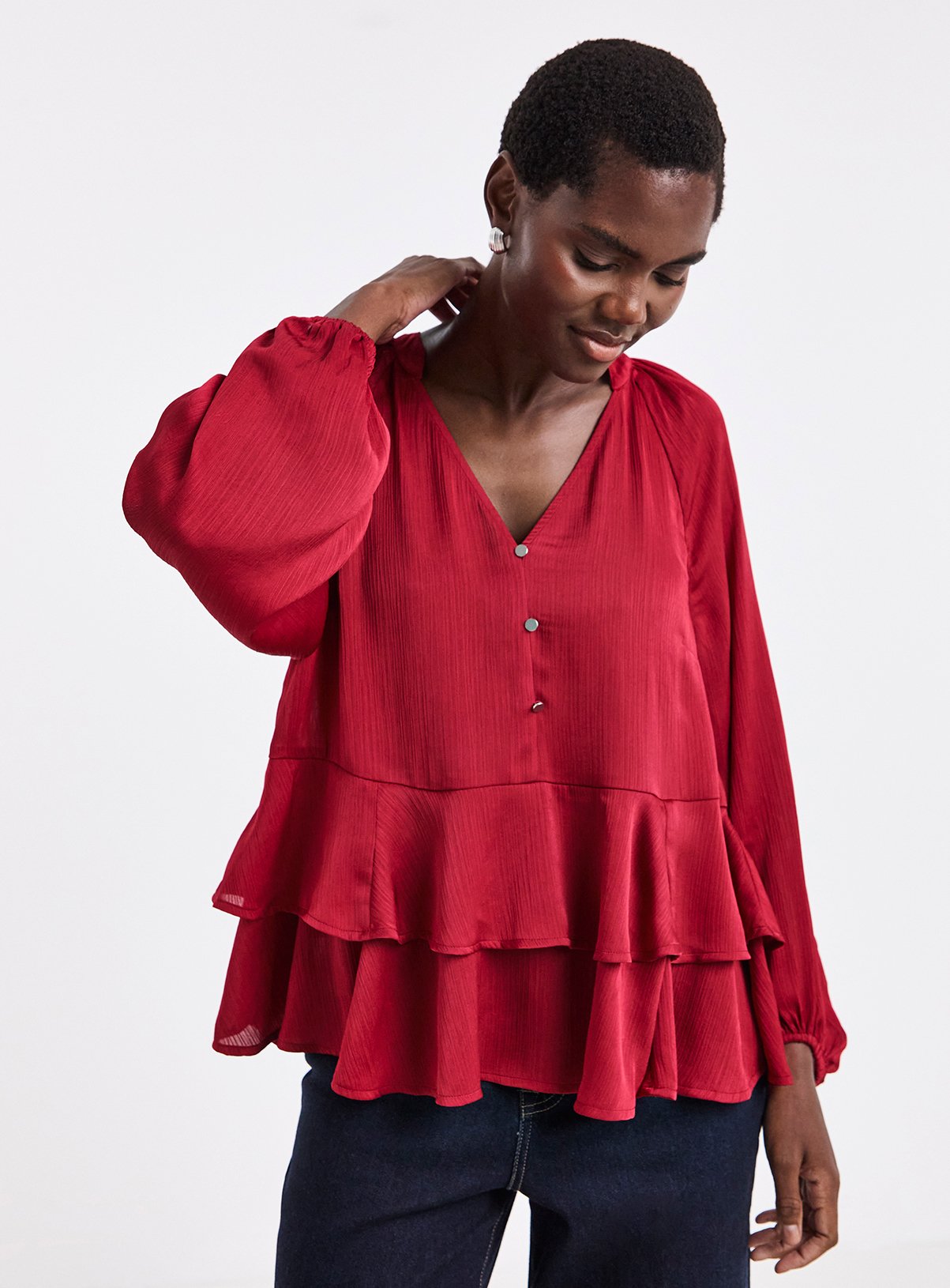 JD WILLIAMS Red Satin Peplum Blouse 