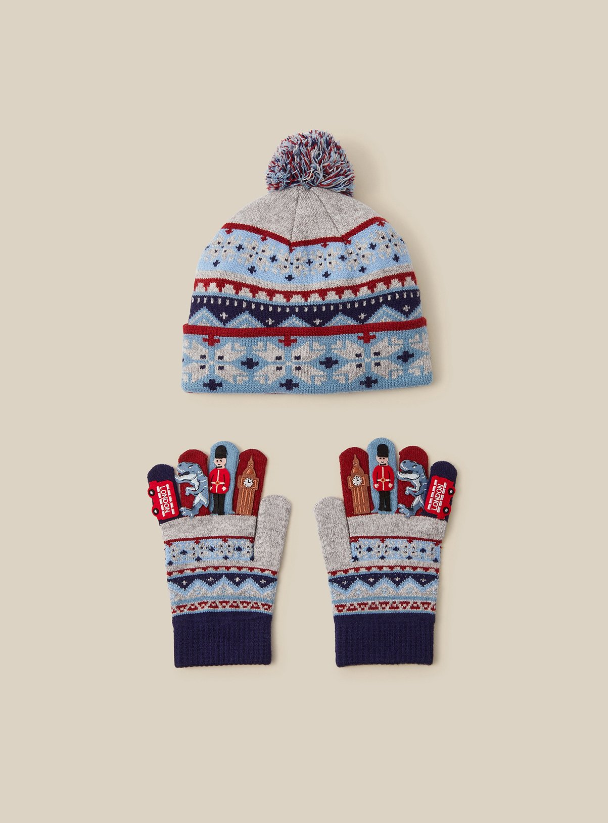 MONSOON London Fair Isle Bobble Hat & Gloves Set 