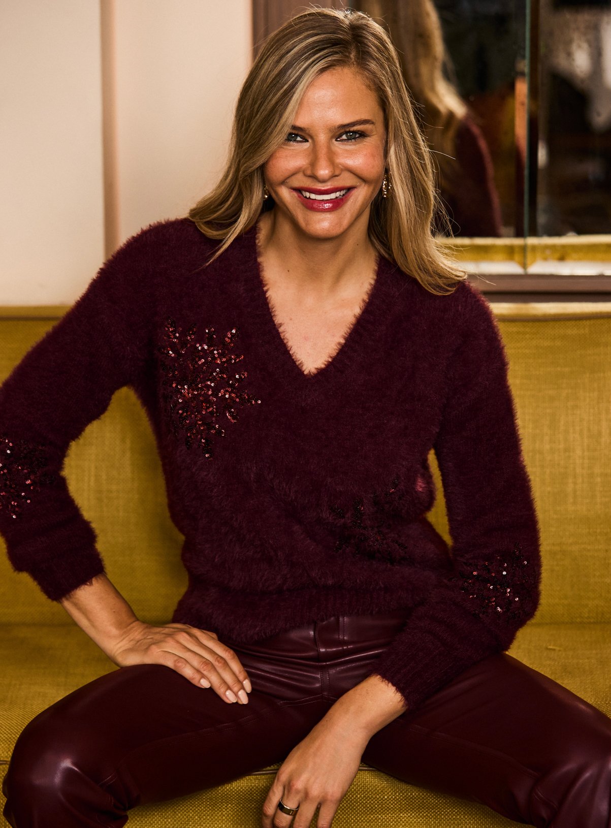 SOSANDAR Burgundy Fluffy Knit Sequin Snowflake Jumper 