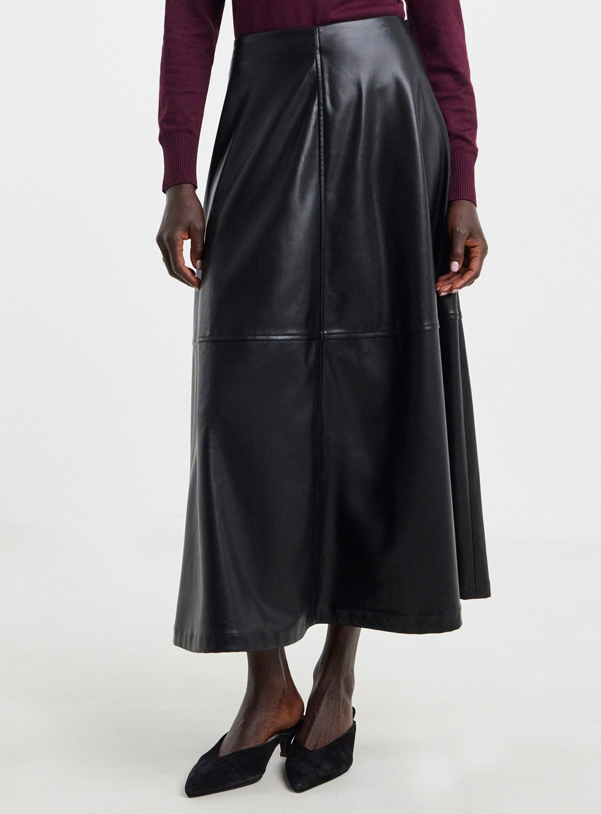 JD WILLIAMS Black PU Seam Detail Circle Skirt 