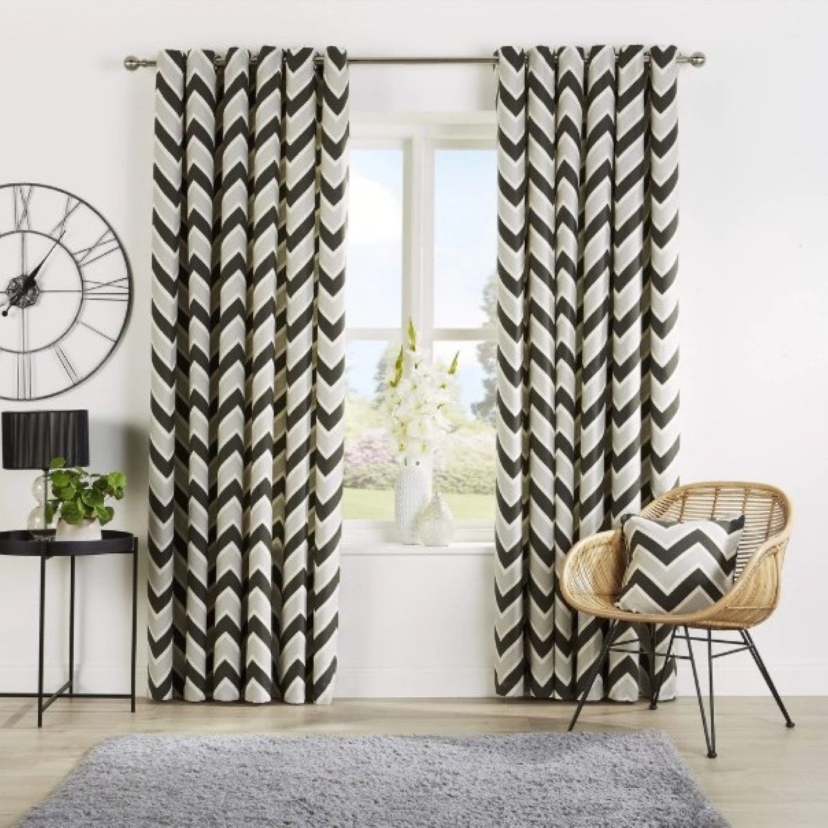 New Edge Blinds Grey Chevron Eyelet Curtains - 167cm x 229cm