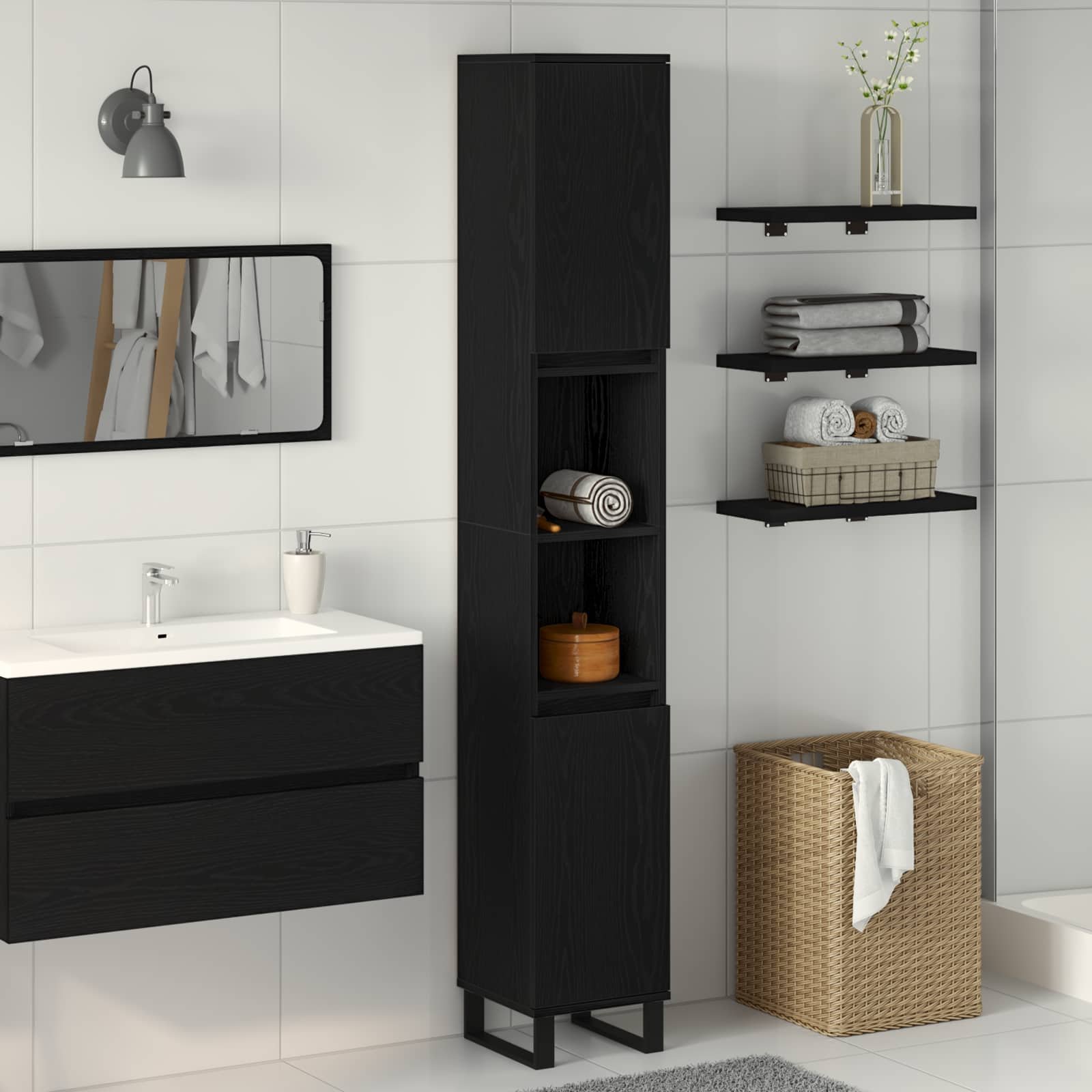 Walplus Engineered Wood Bathroom Cabinet - Black Oak - 30 x 30 x 190 cm