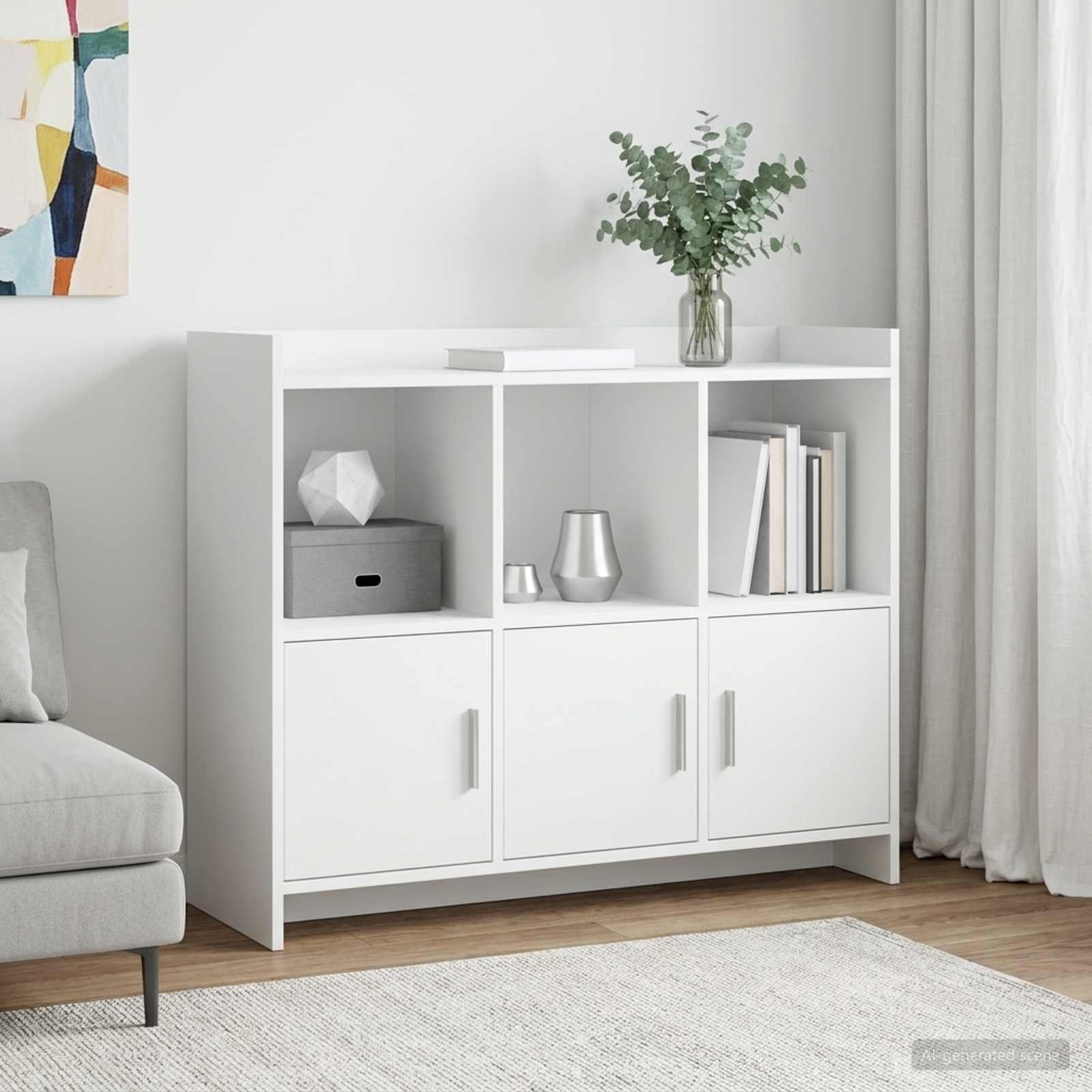 Walplus 3 Door Engineered Wood Sideboard 6 Shelf - White - 98.5 x 33 x 80 cm