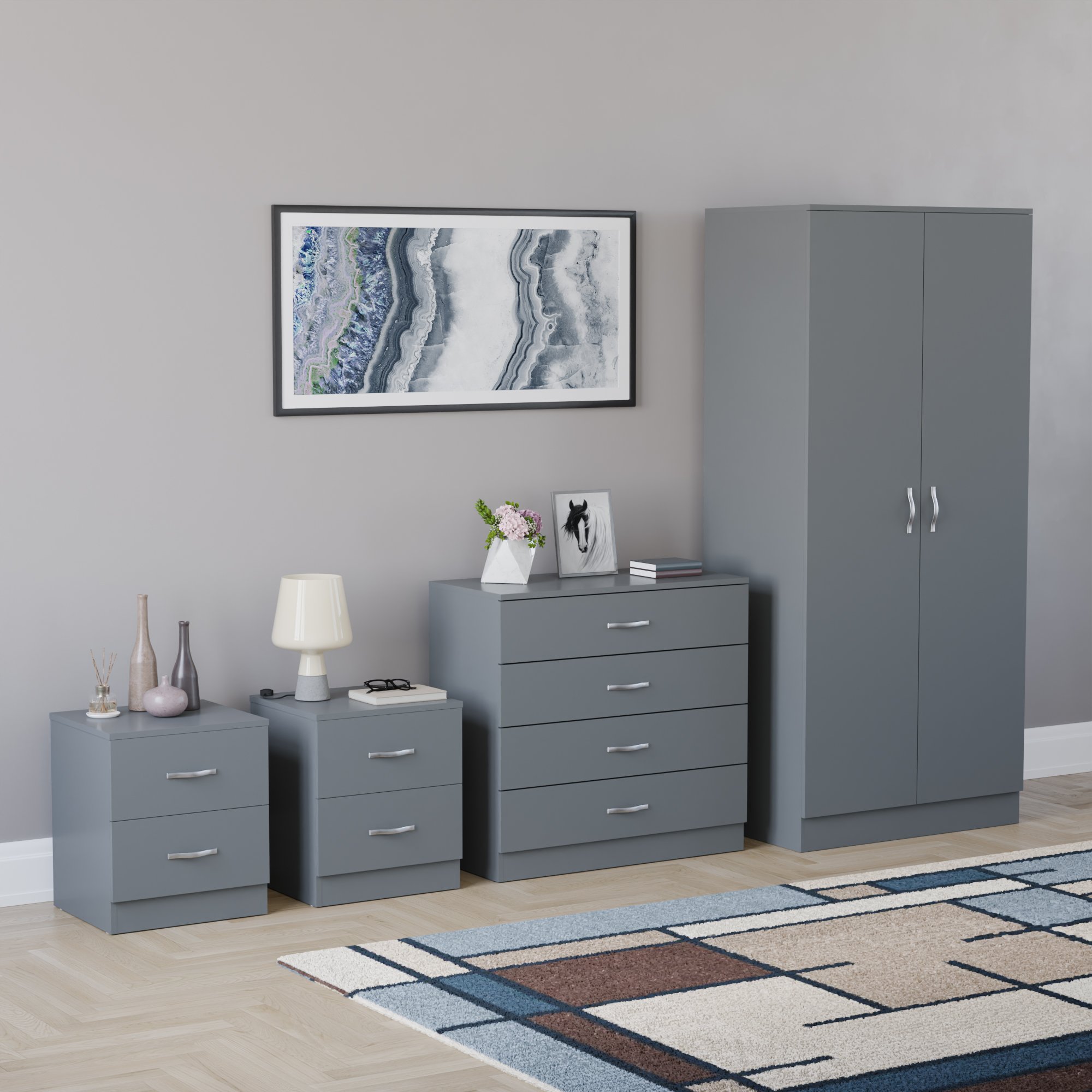 Vida Designs Riano Bedroom Set (Bedsides, 4 Drawer Chest, 2 Door Wardrobe)-Grey