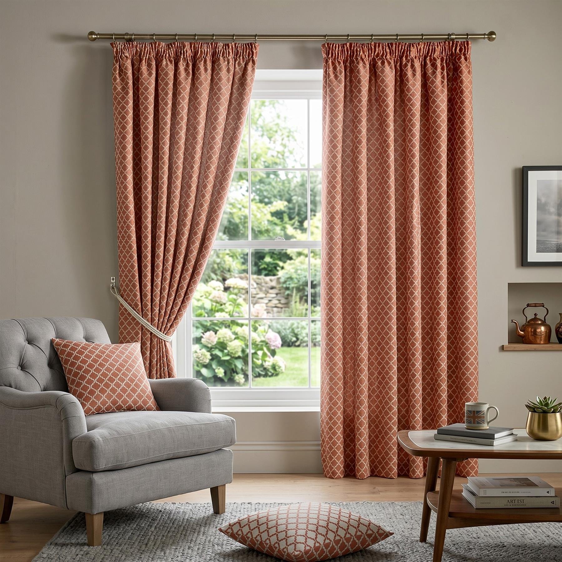 Luxury Living Geometric Lined Pencil Pleat Taped Curtains 117cm x 229cm - Orange