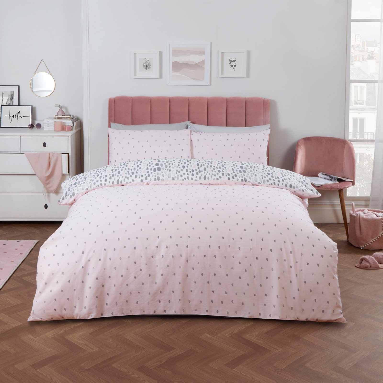 OHS Dalmatian Print Duvet Cover Set - Blush/Grey - Single