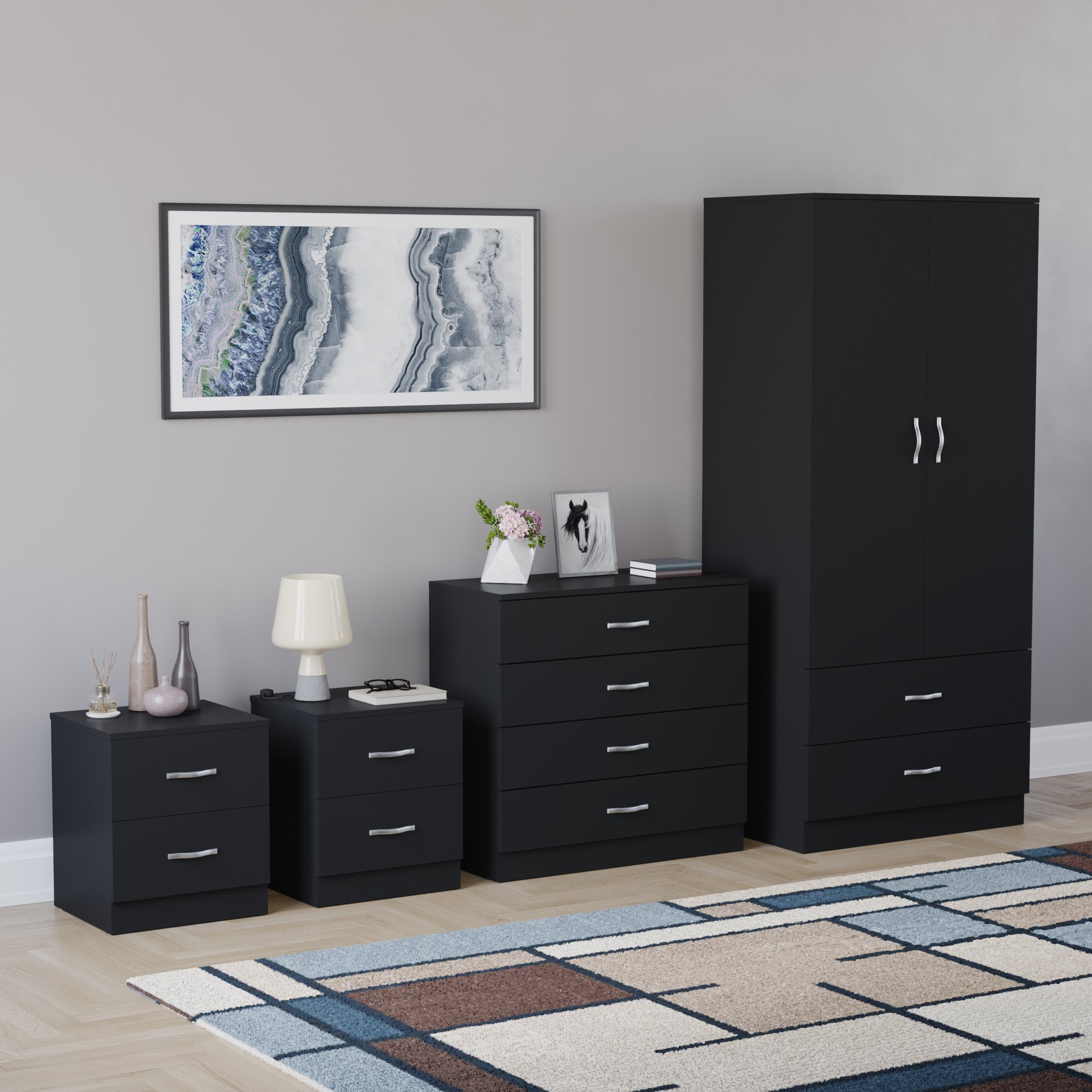 Vida Designs Riano Bedroom Set (Bedsides, 4 Drawer Chest, 2x2 Wardrobe) - Black