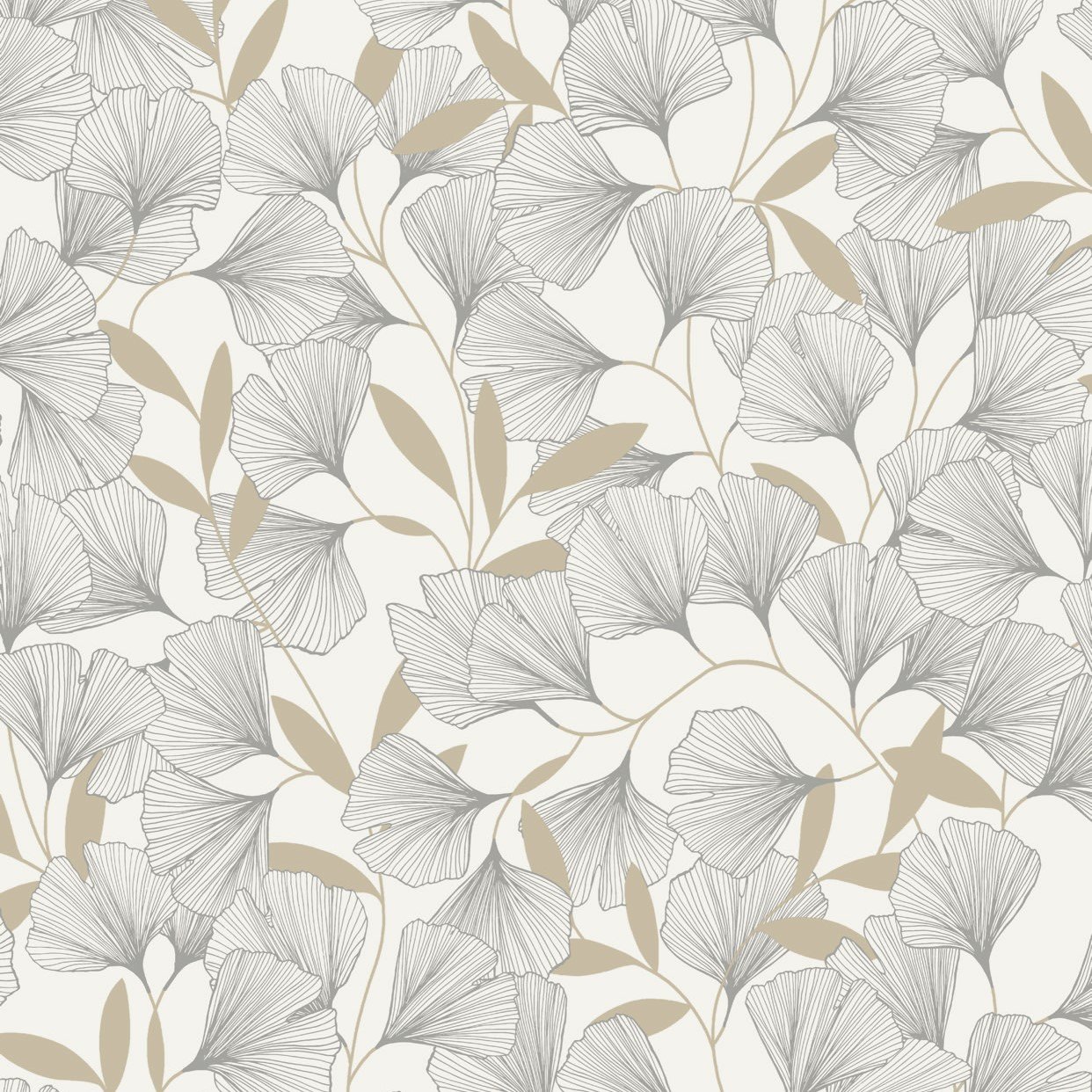 Grandeco Gingko Leaf Textured Metallic Wallpaper - White Gold