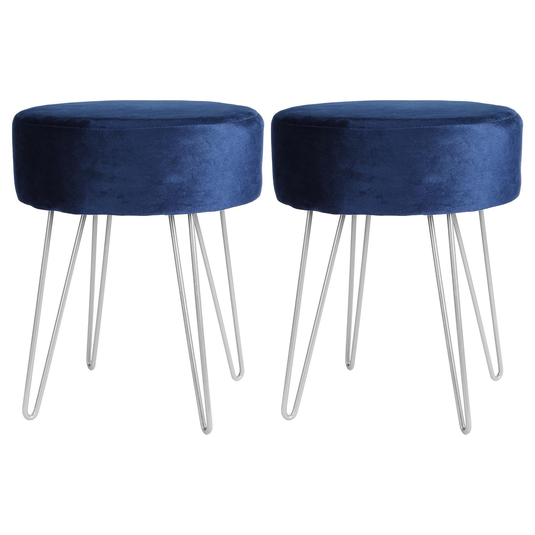 Harbour Housewares Round Velvet Footstool with Silver Legs Pack of 2 - Blue
