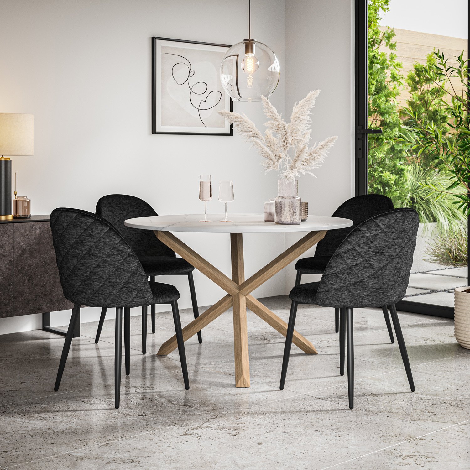 Furniture Online Malvern Round Marble Effect Dining Table & 6 Black Chairs