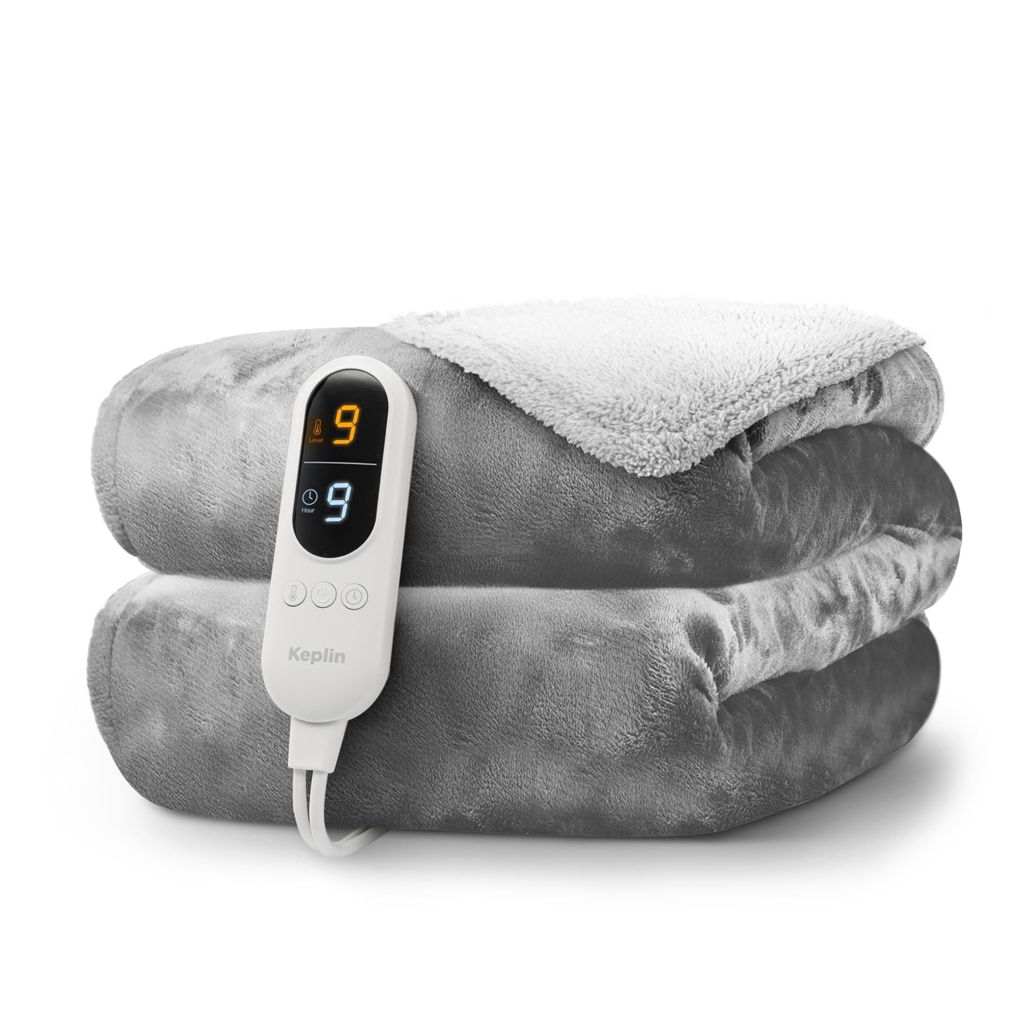 Keplin Sherpa Electric Heated Throw Blanket - Grey & Cream