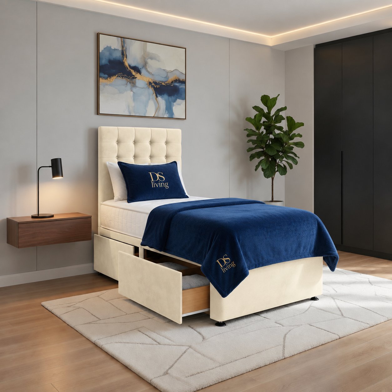 DS Living Casia Single 2 Drawer Velvet Divan Bed Frame - Cream