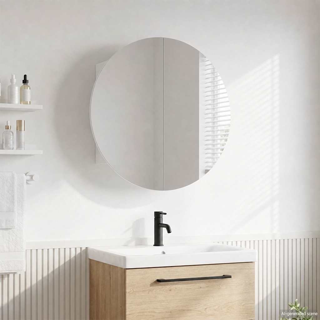 Walplus Bathroom Cabinet with Round Mirror LED - White - 47 x 47 x 17.5 cm