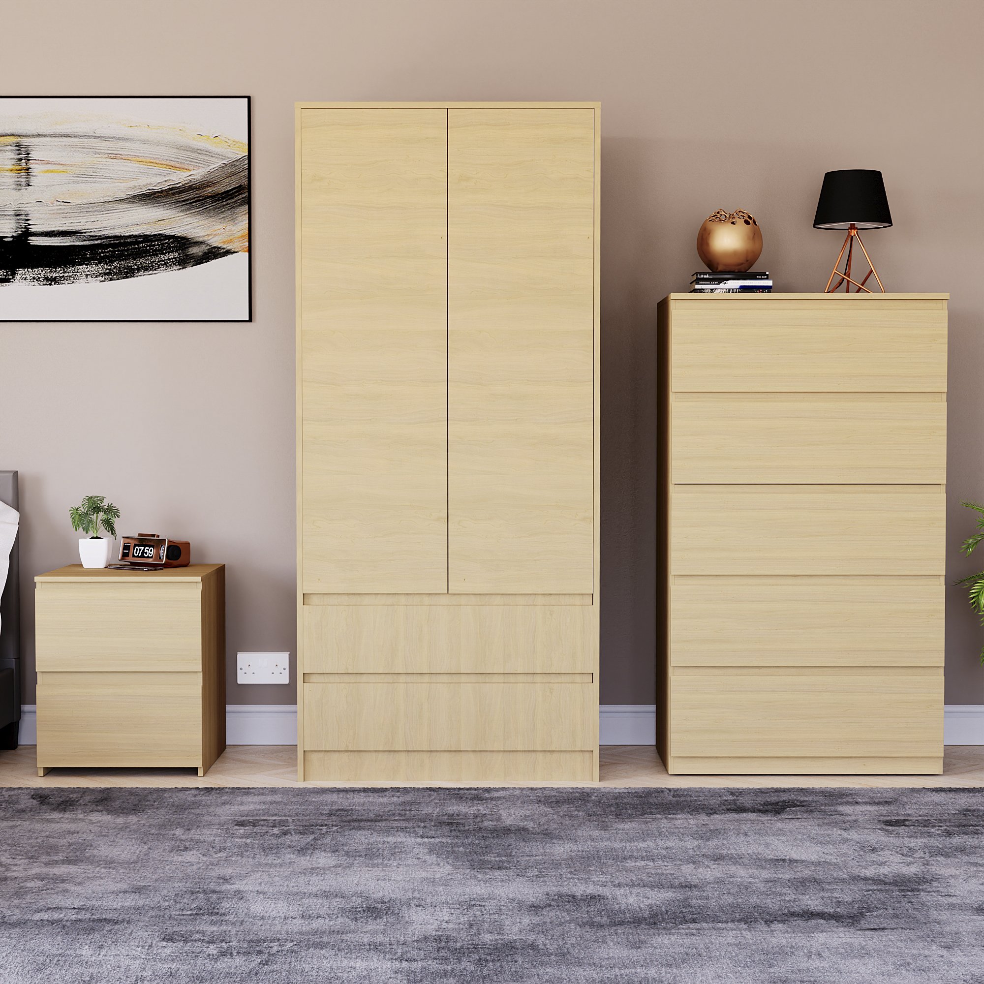 Vida Designs Denver Bedroom Set (Bedside, 5 Drawer Chest, 2x2 Wardrobe) - Pine