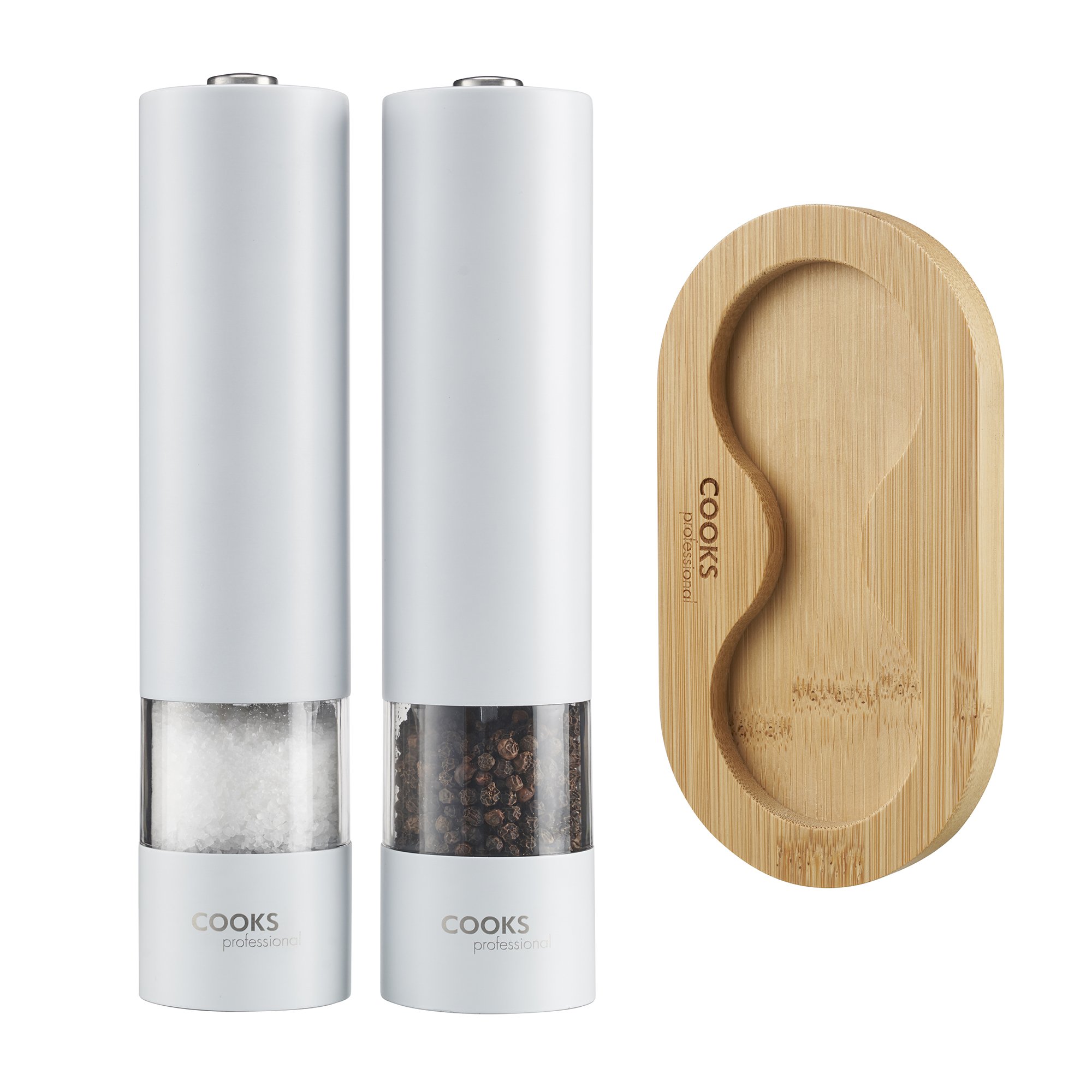 Cooks Professional Electric Salt and Pepper Mill Set with Base - White