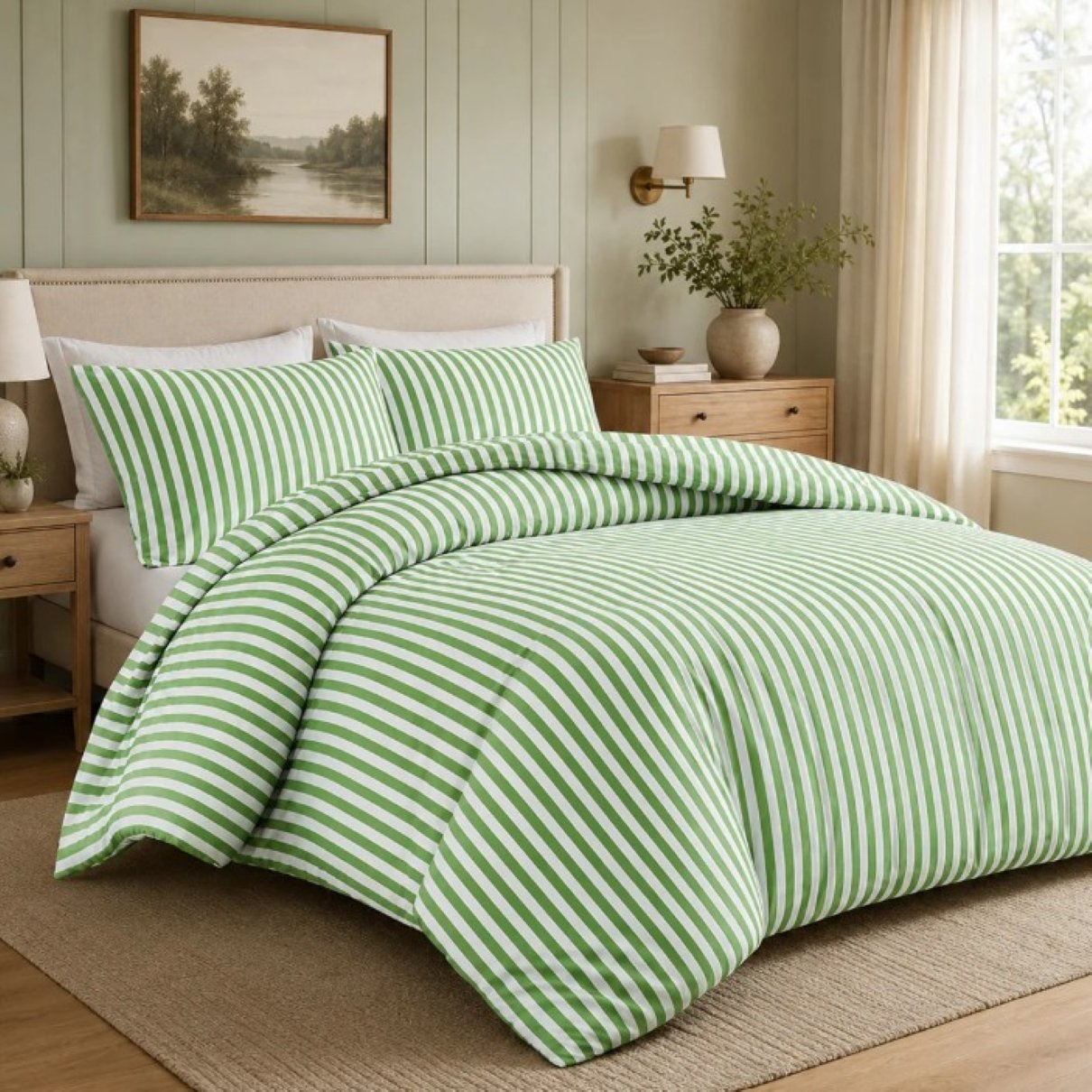 New Edge Blinds Malham Stripe Sage Green Duvet Set - Single