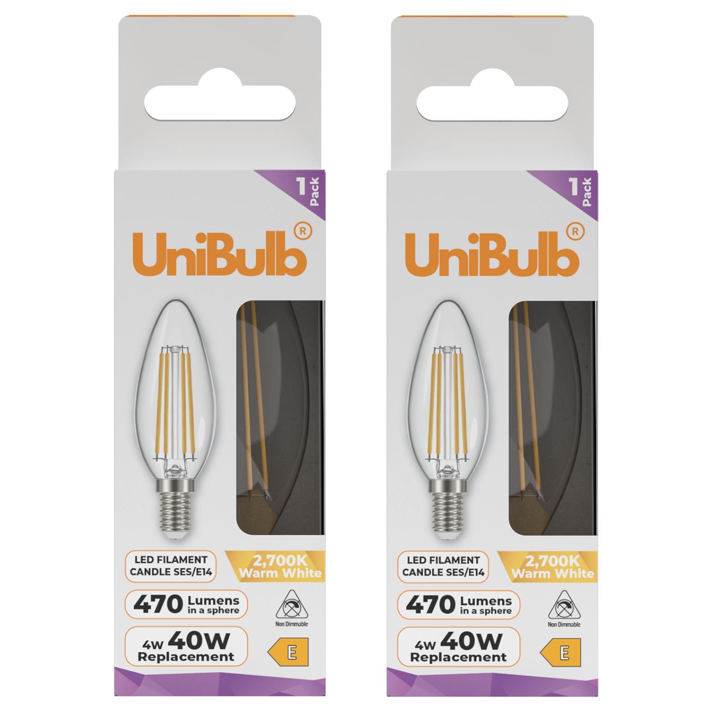 UniBulb 4W LED Warm White Filament Candle E14 Light Bulb - Pack of 2