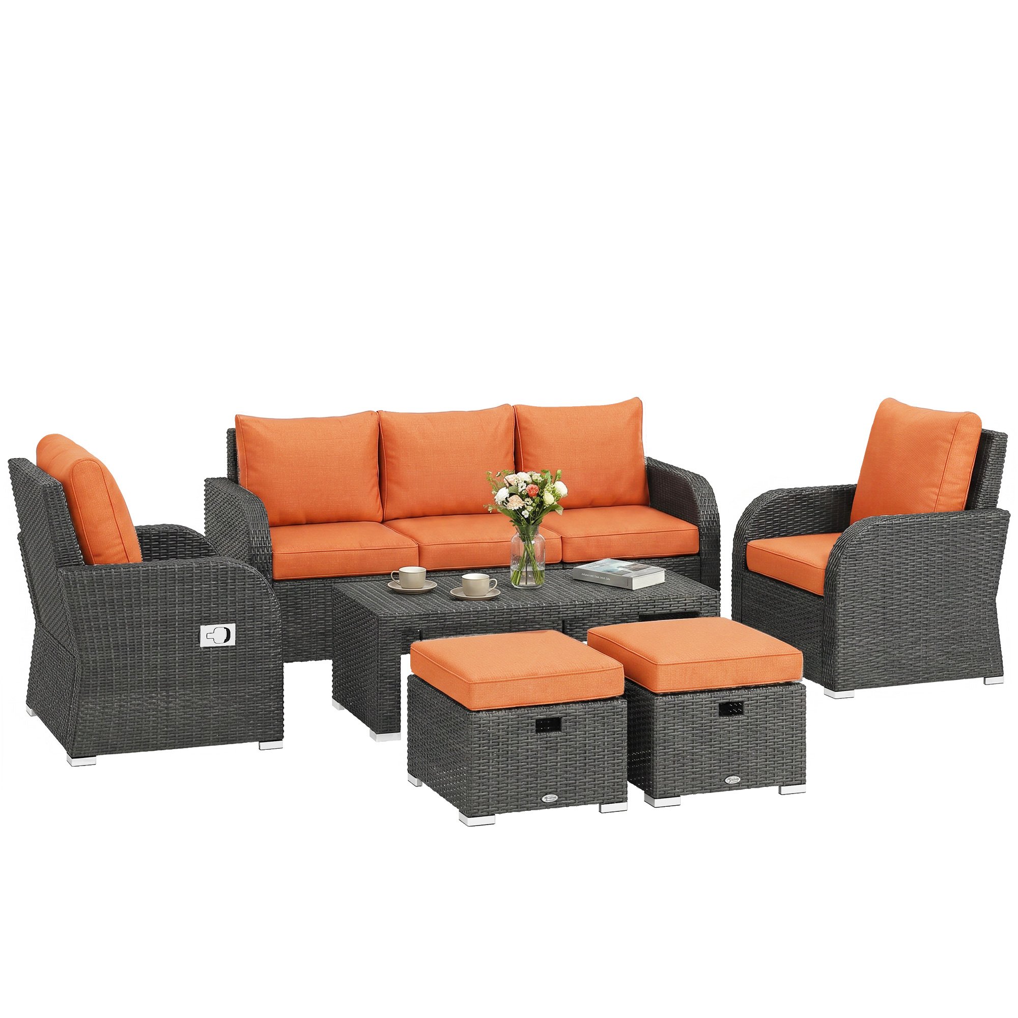Outsunny 6 Piece 7 Seater Rattan Garden Furniture Set - Orange