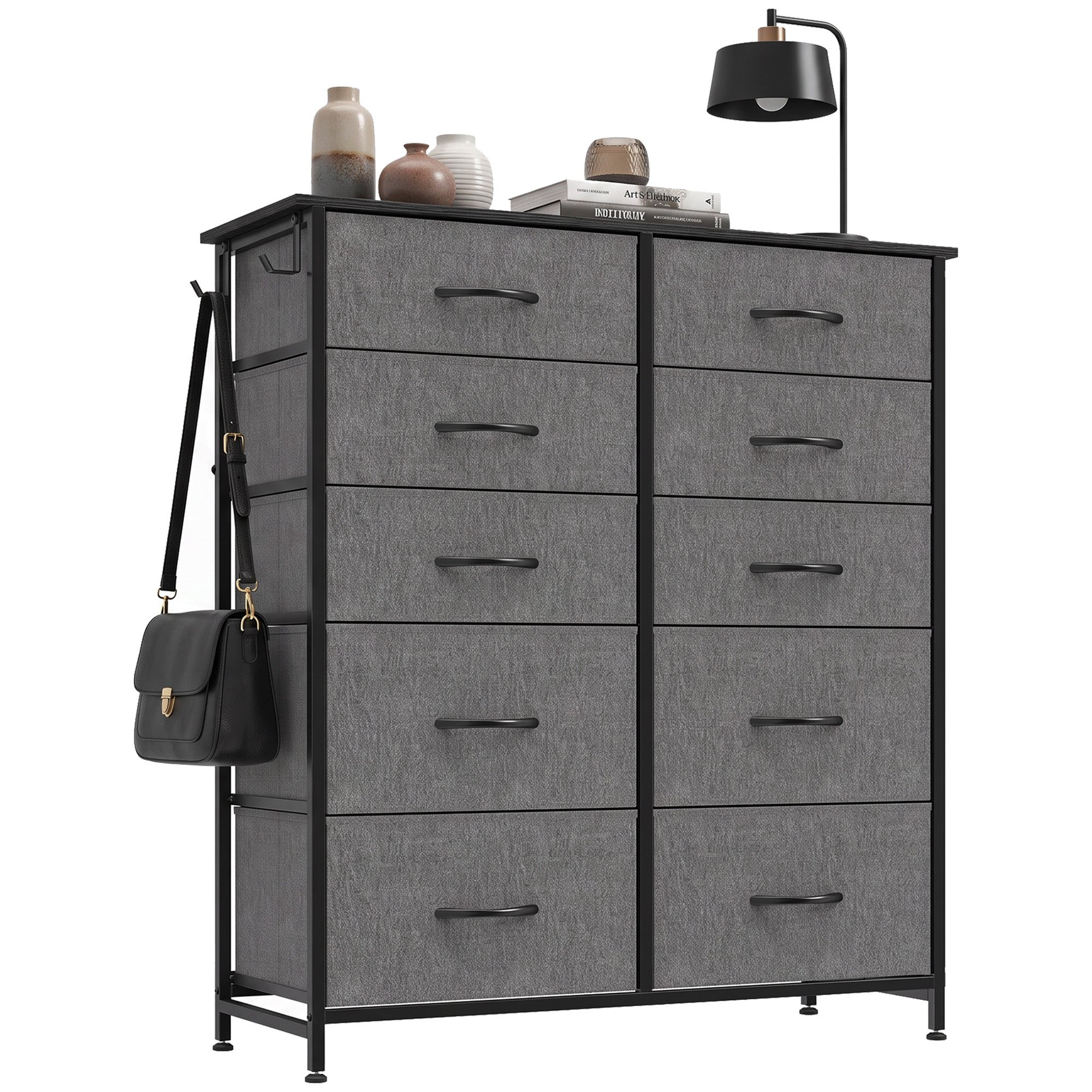HOMCOM 10 Drawer Fabric Steel Frame Chest of Drawers – Grey