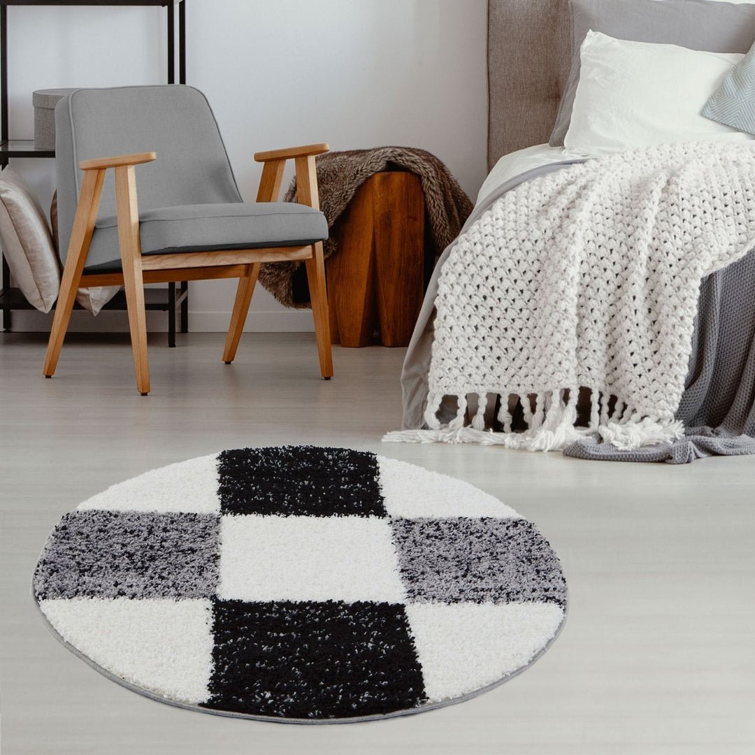 The Rugs Grey Myshaggy Checkered Round Shaggy Rug - 120cm
