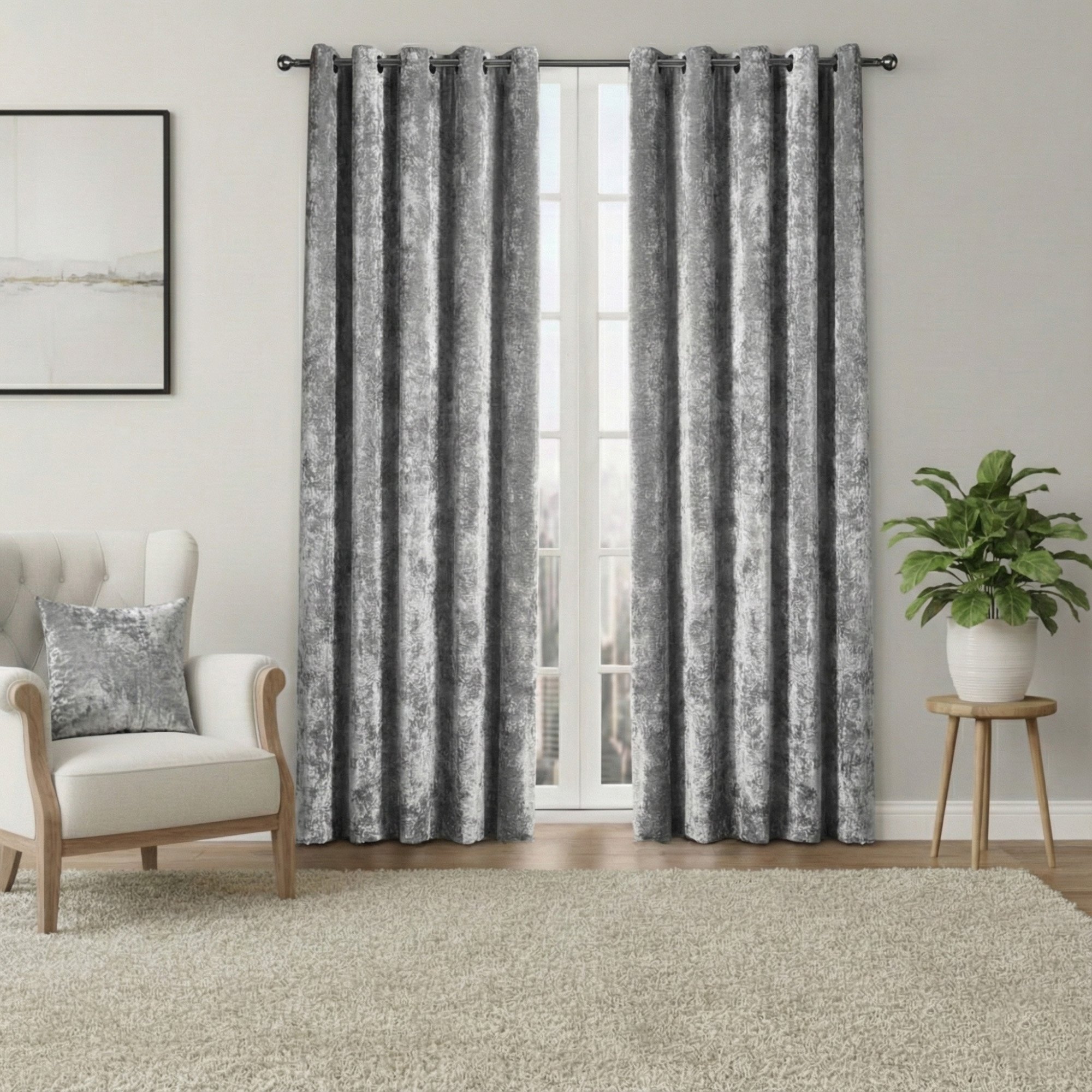 Snug City Crushed Velvet Soft Touch Eyelet Curtains – Silver – 117 x 137cm