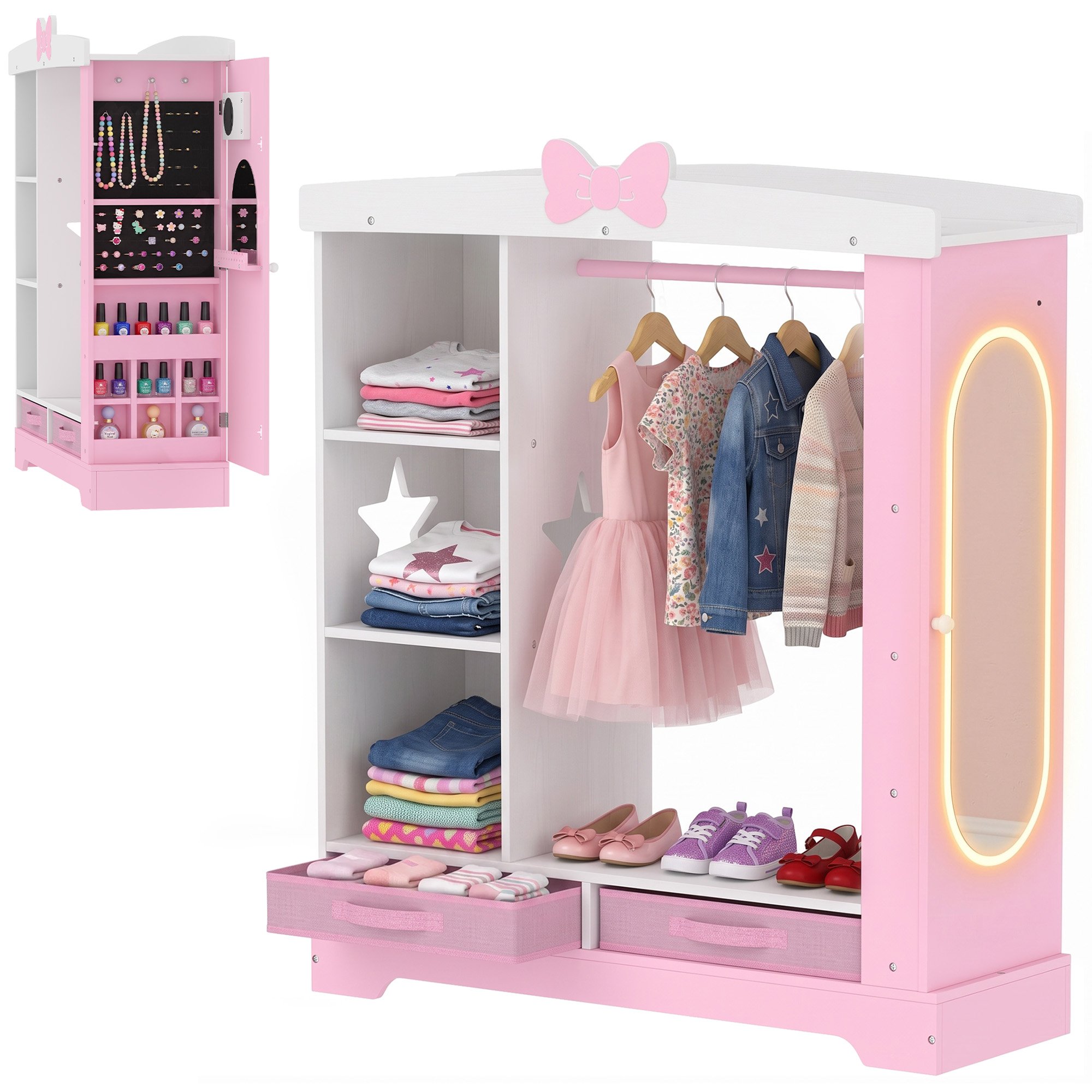 AIYAPLAY Kids MDF LED Mirror Clothes Rail Wardrobe – Pink