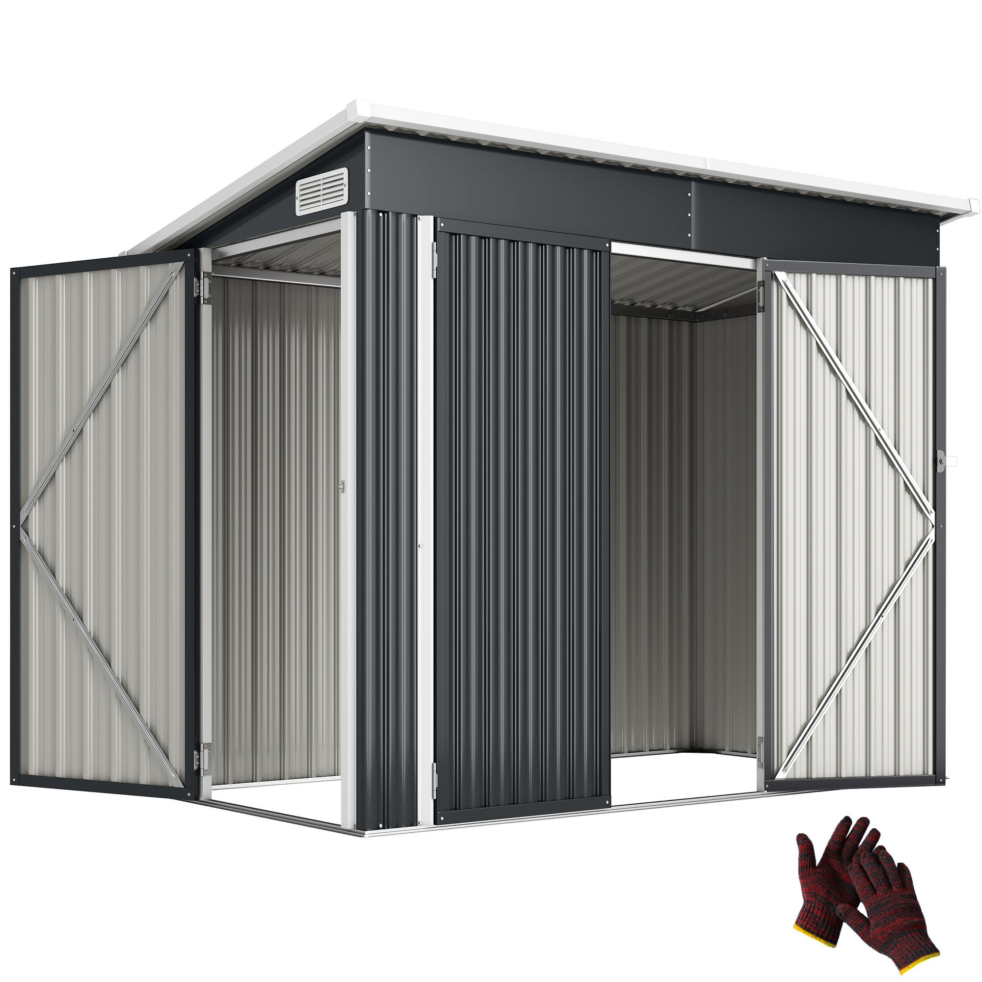 Outsunny Metal Pitched Roof Triple Door Storage Shed – Dark Grey
