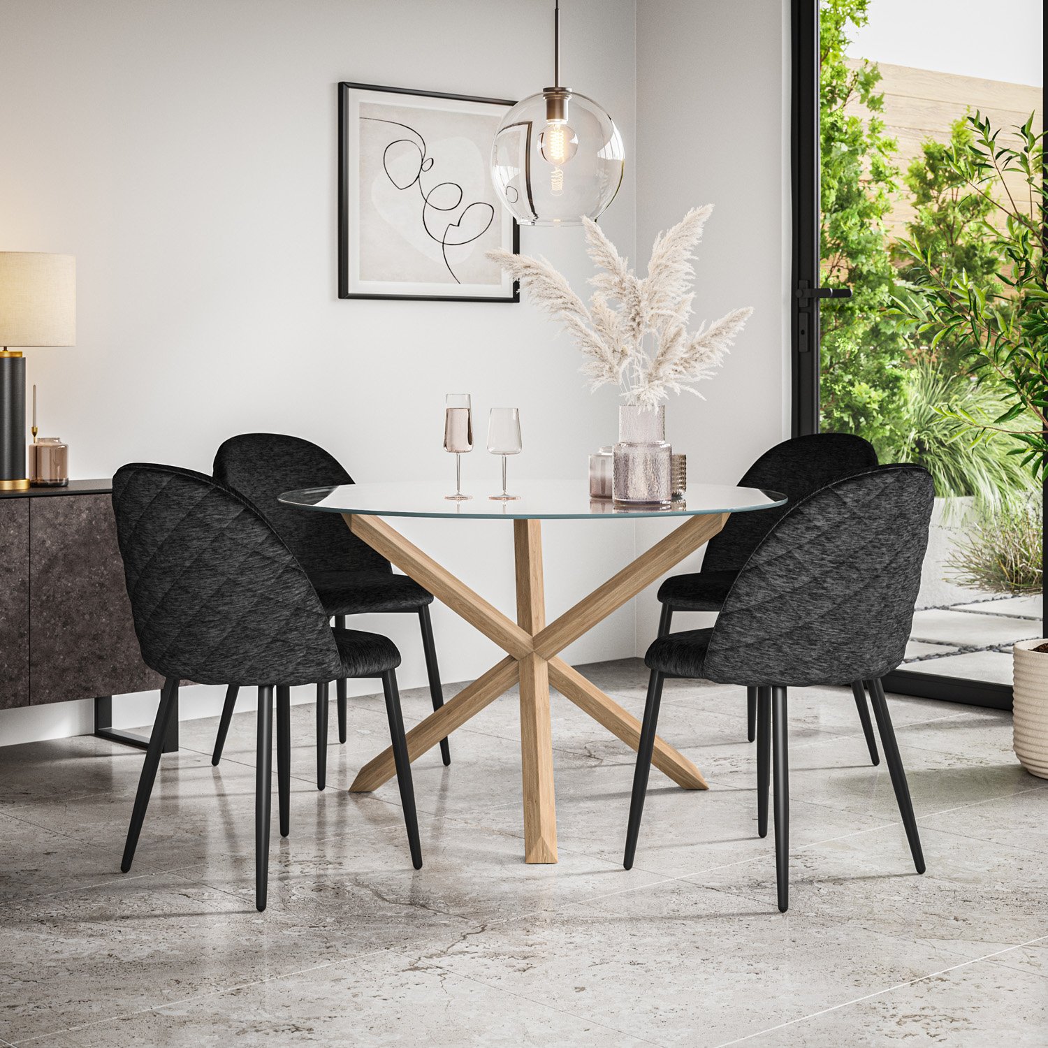 Furniture Online Malvern Round Glass Dining Table & 6 Raye Black Chairs